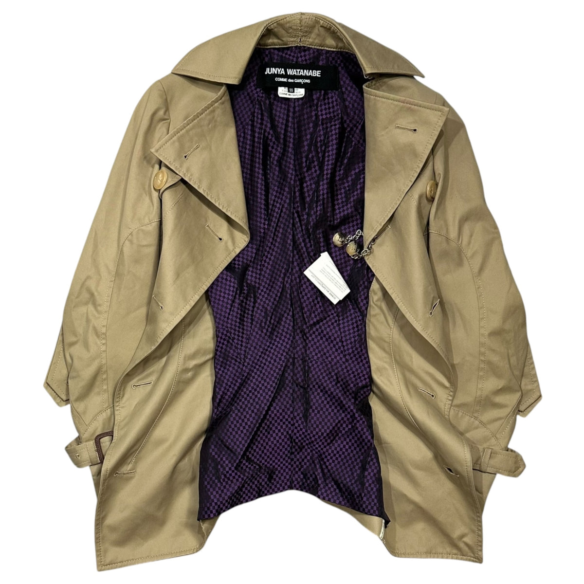 JUNYA WATANABE COMME des GARCONS(ジュンヤワタナベコムデギャルソン) 2006SS Inner Gingham-Check Chain Lock-Button Trench Half-Coat インナー ギンガム チェック チェーン ロック ボタン トレンチ ハーフ コート JQ-J006 SS ベージュ×パープル AD2005 00s アーカイブ