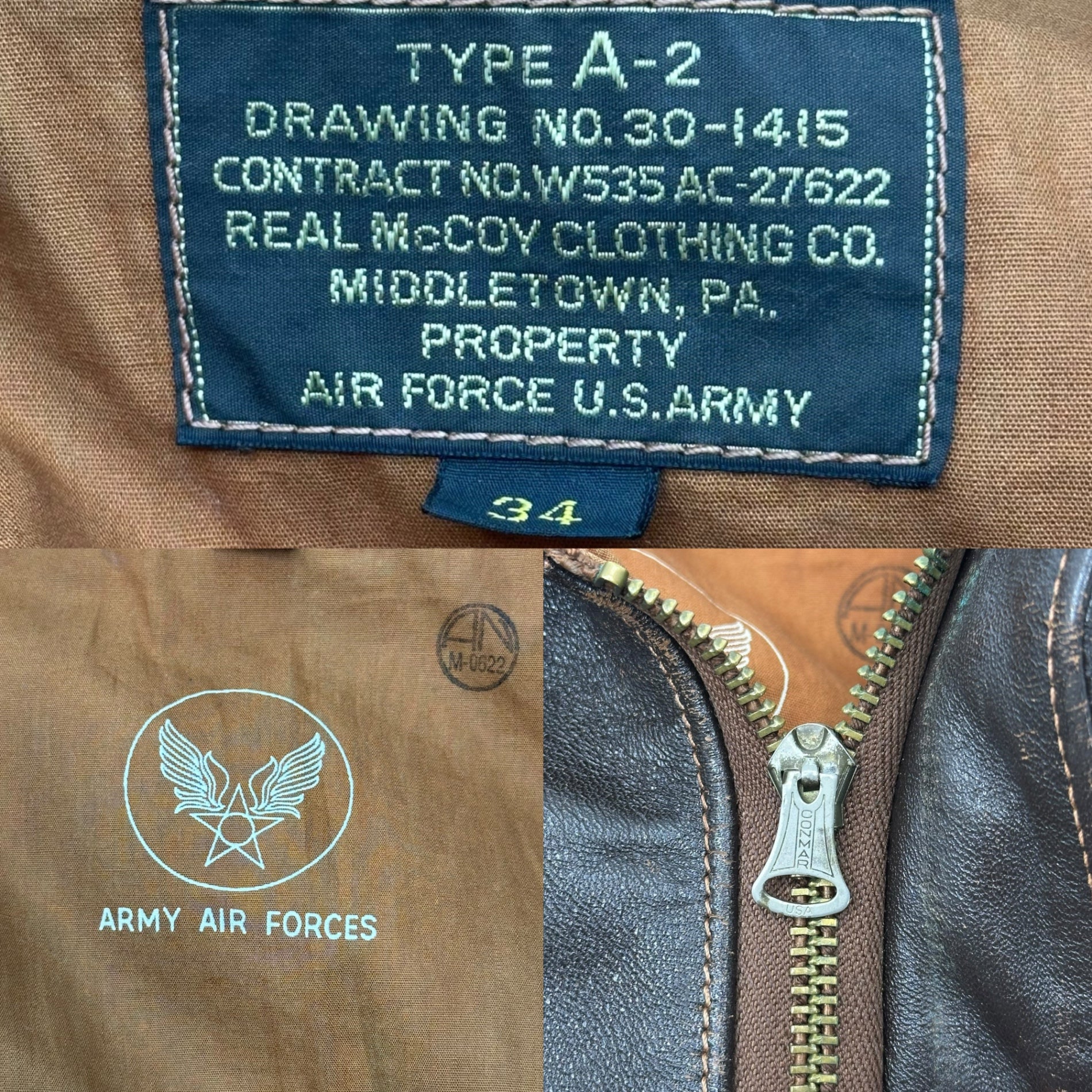 THE REAL McCOY'S(ザリアルマッコイズ) A-2 Leather Flight Jacket レザー フライト ジャケット 30-1415 34(XS程度) ブラウン CONMAR ZIP