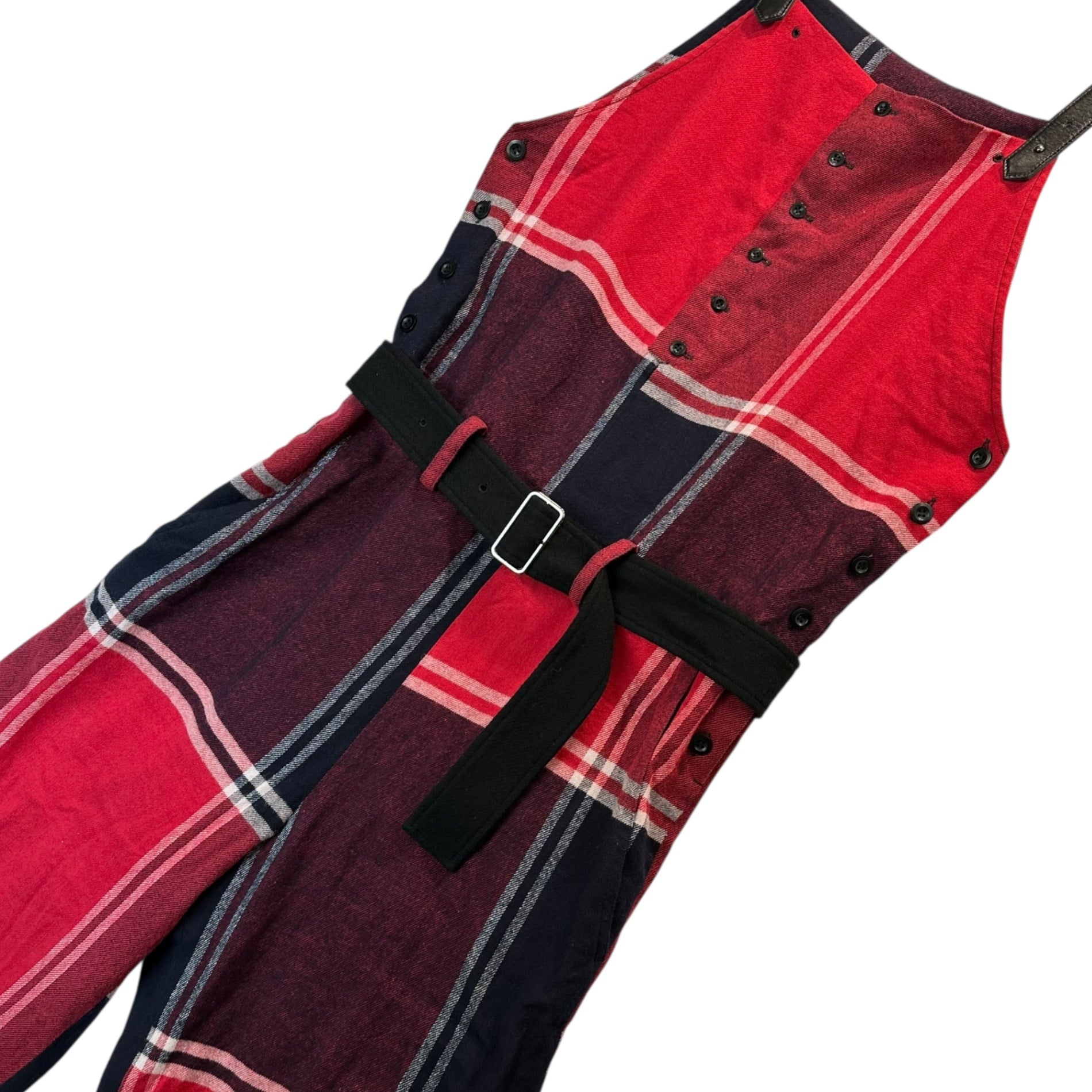 Y's(ワイズ) Leather Shoulder Check Linen Wool Overalls レザー ショルダー チェック リネン ウール オーバーオール YU-D09-139  2(M程度) レッド×ネイビー 男性着用可能サイズ