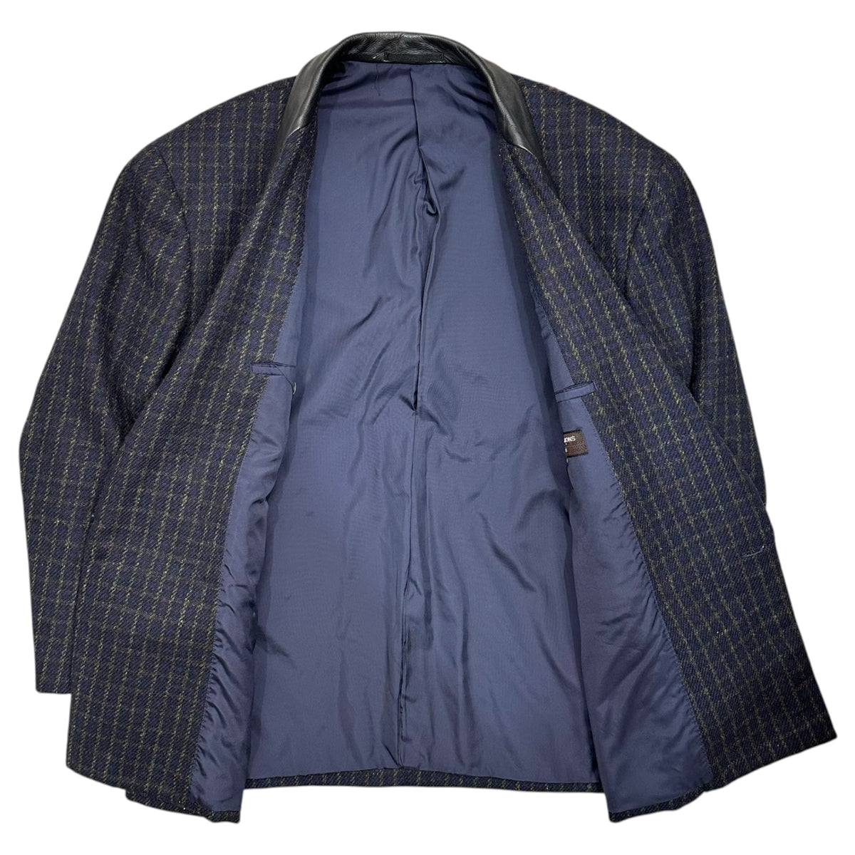 COMME des GARCONS HOMME PLUS(コムデギャルソンオムプリュス) 1984's~1988's Double-breasted Leather Collar Tartan Tweed Blazer 襟レザー タータンチェック ツイード ダブル テーラード ジャケット PJ-05053 S ネイビー×ブラック 80年代 80's 最初期