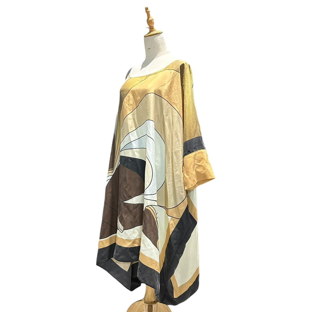 FENDI(フェンディ) Geometric-print all-silk dolman sleeve dress 幾何学模様 オールシルク ドルマン スリーブ ワンピース FXD568 AK77 L ベージュ×ブラウン
