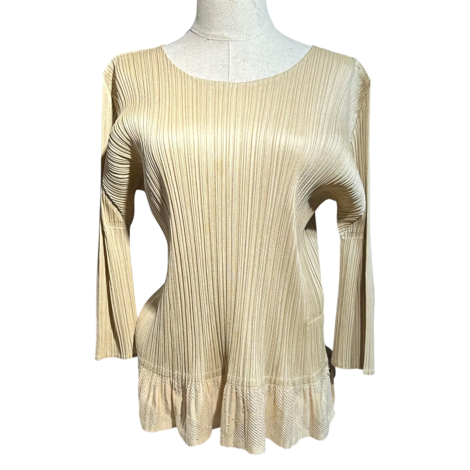 PLEATS PLEASE(プリーツプリーズ) Mesh switch pleated long-sleeved cut-and-sewn shirt メッシュ切替 プリーツ 長袖 カットソー PP73-JK635 4(XL程度) アイボリー