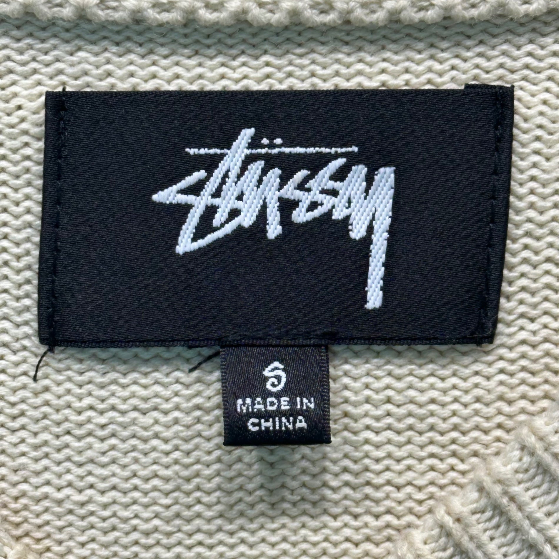 STUSSY(ステューシー) 22AW Care Label Sweater ケア ラベル セーター S グリーン×ホワイト クルーネック ロゴ ニット コットン