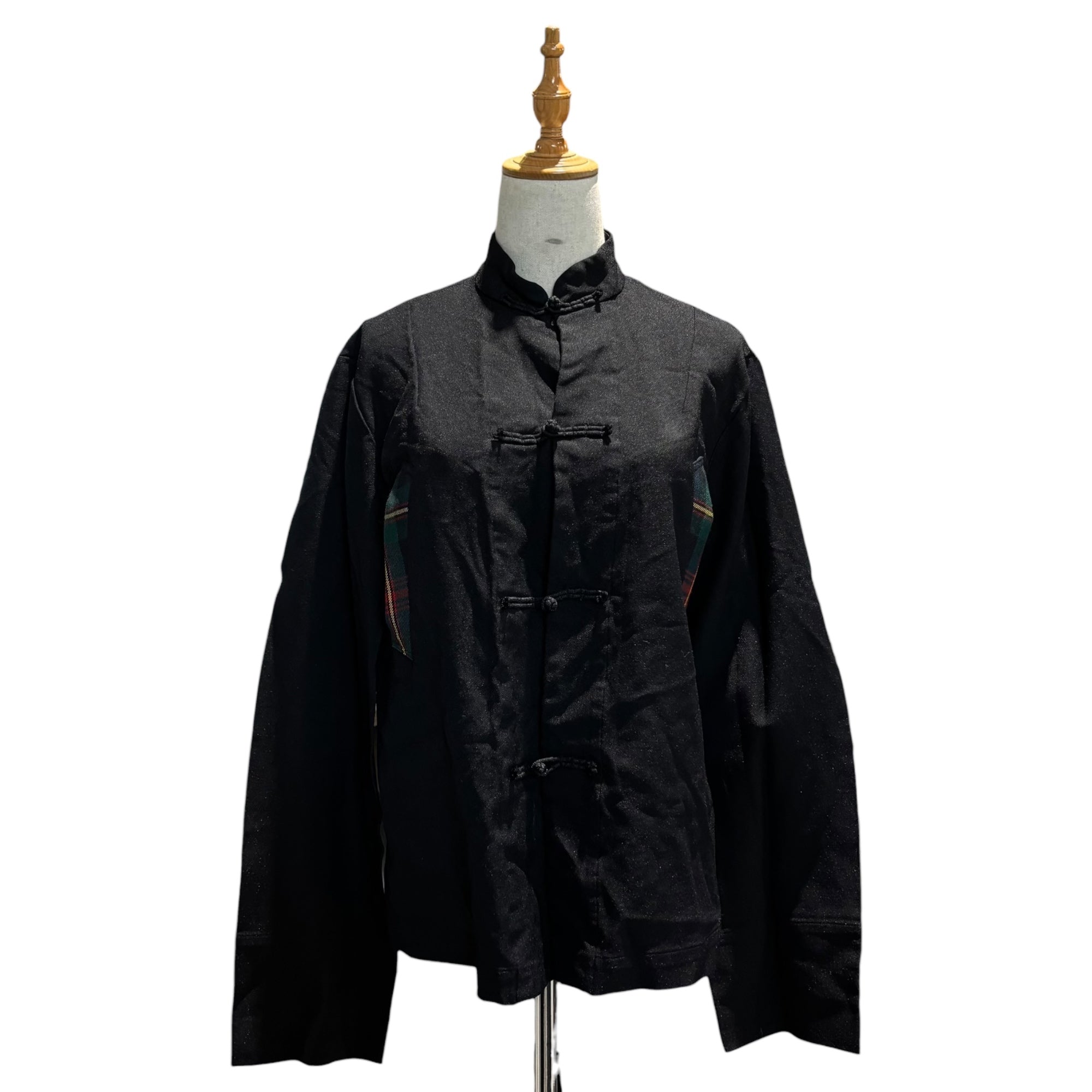 BLACK COMME des GARCONS(ブラックコムデギャルソン) 17AW Polyester Shrink-Resistant Checkered Panel China Shirt Jacket ポリエステル 縮絨 チェック切替 チャイナ シャツ ジャケット OT-J001 L ブラック AD2017 男性着用可能