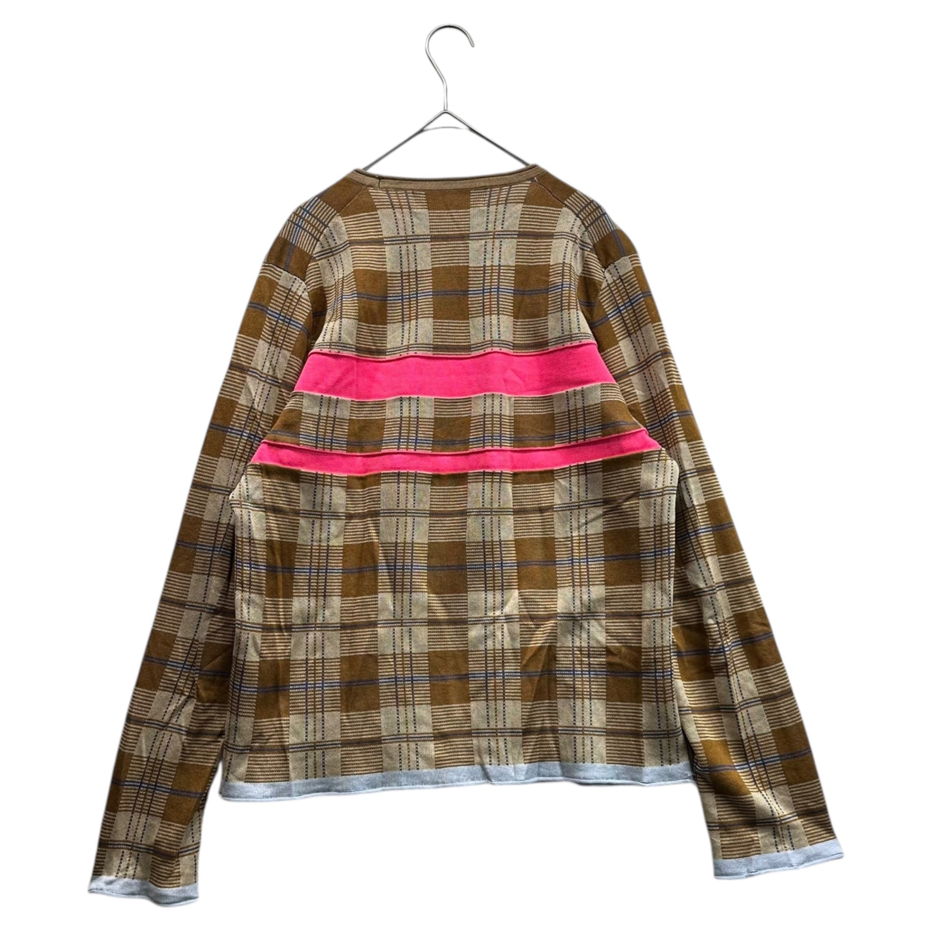 COMME des GARCONS HOMME PLUS(コムデギャルソンオムプリュス) 02SS Fluorescent Check & Fluorescent Line Crew Neck L /S Knit Sweater 蛍光期 チェック & 蛍光ライン クルーネック 長袖 ニットソー PE-N019 L ブラウン×ピンク AD2001 アーカイブ