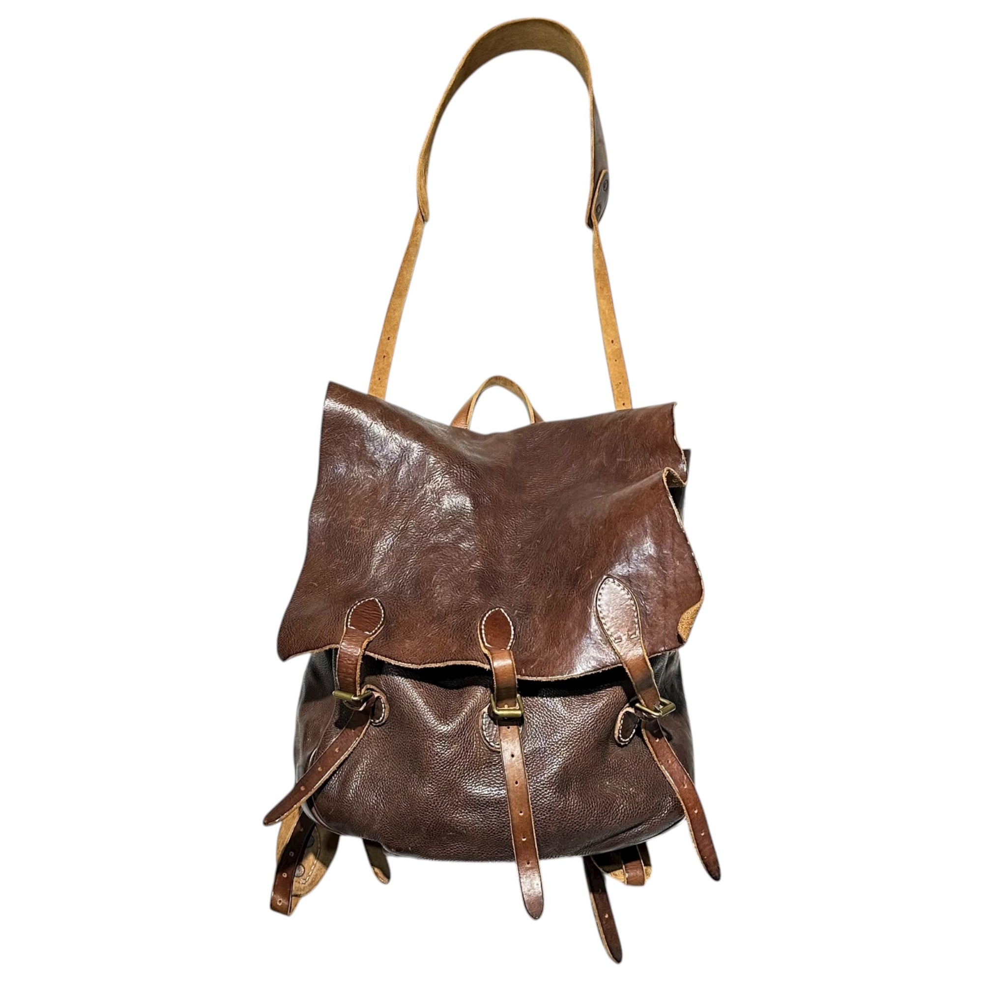 RRL(ダブルアールエル) Vintage-Processed Triple-Strap All-Leather Backpack Daypack ヴィンテージ加工 3連 ベルト オールレザー リュック デイパック ブラウン