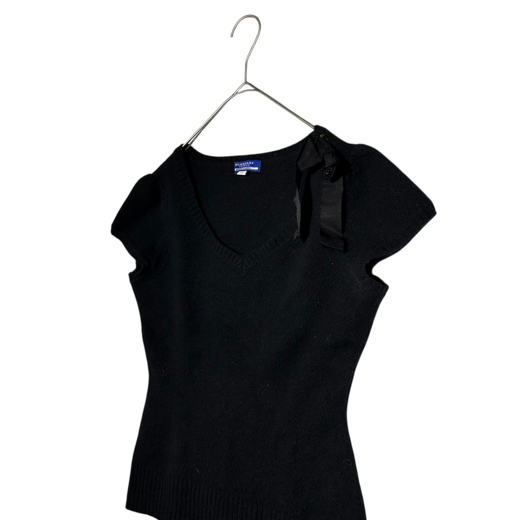 BURBERRY BLUE LABEL(バーバリーブルーレーベル) Shoulder Ribbon One-Point Logo Short-Sleeved Crew Neck Knit 肩 リボン ワンポイント ロゴ 半袖 クルーネック ニット FBF70-769-09 38(M程度) ブラック