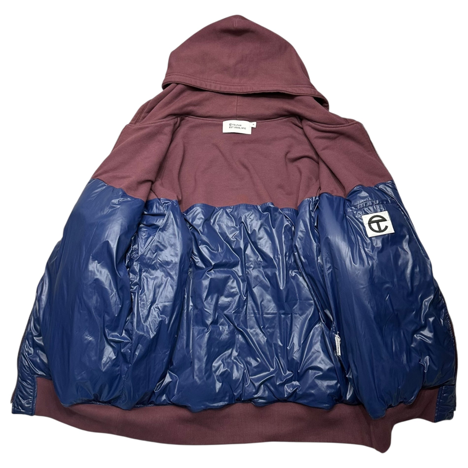 TELFAR(テルファー) Insulated Docking Zip-Up Hoodie 中綿 ドッキング ジップアップ パーカー フーディ fw20-pf-03-0xbl FREE バーガンディ×ブルー
