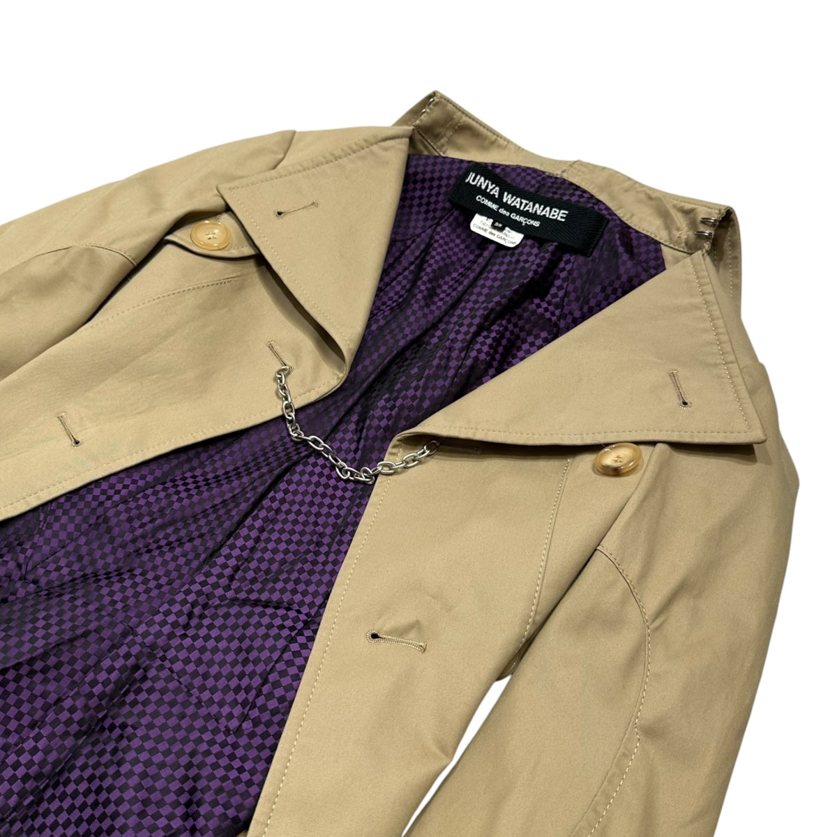 JUNYA WATANABE COMME des GARCONS(ジュンヤワタナベコムデギャルソン) 2006SS Inner Gingham-Check Chain Lock-Button Trench Half-Coat インナー ギンガム チェック チェーン ロック ボタン トレンチ ハーフ コート JQ-J006 SS ベージュ×パープル AD2005 00s アーカイブ