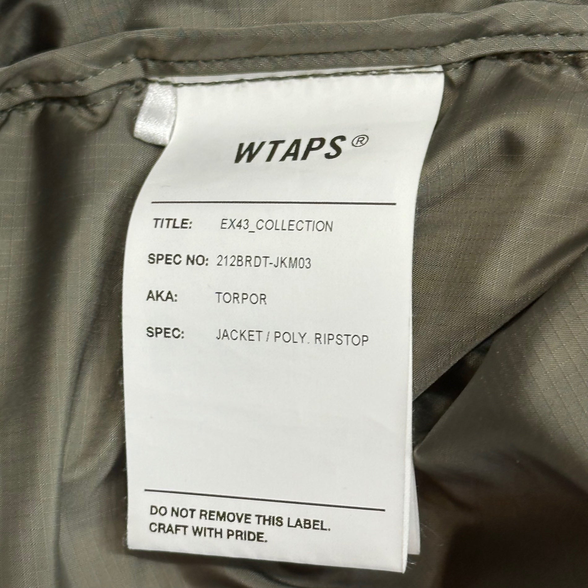 WTAPS(ダブルタップス) 21AW TORPOR JACKET トルパー ジャケット 212BRDT-JKM03 03 オリーブ 中綿
