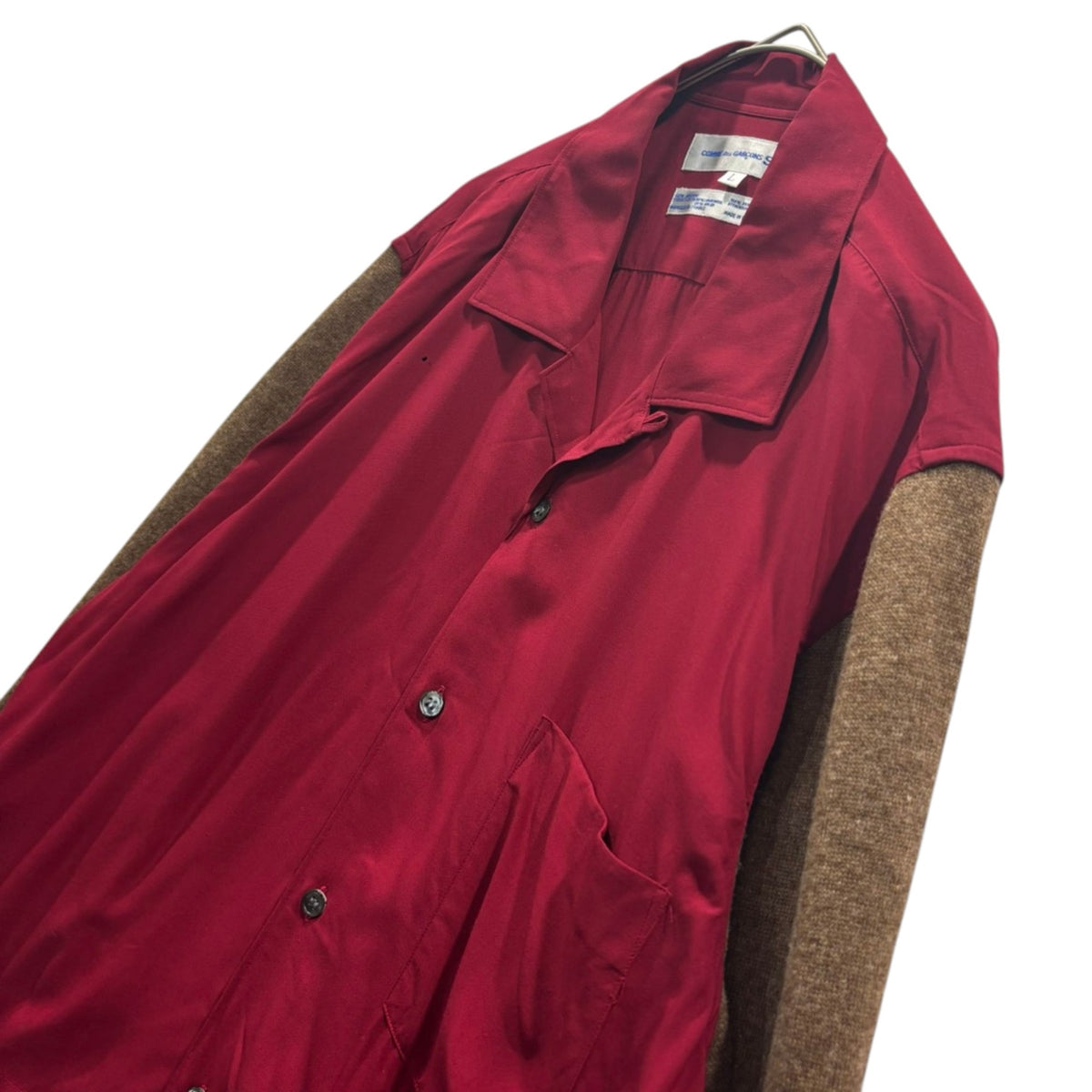COMME des GARCONS SHIRT(コムデギャルソンシャツ) 1990's Wool-Sleeved Open-Collar Shirt ウールスリーブ オープンカラー シャツ L レッド×ブラウン フランス製