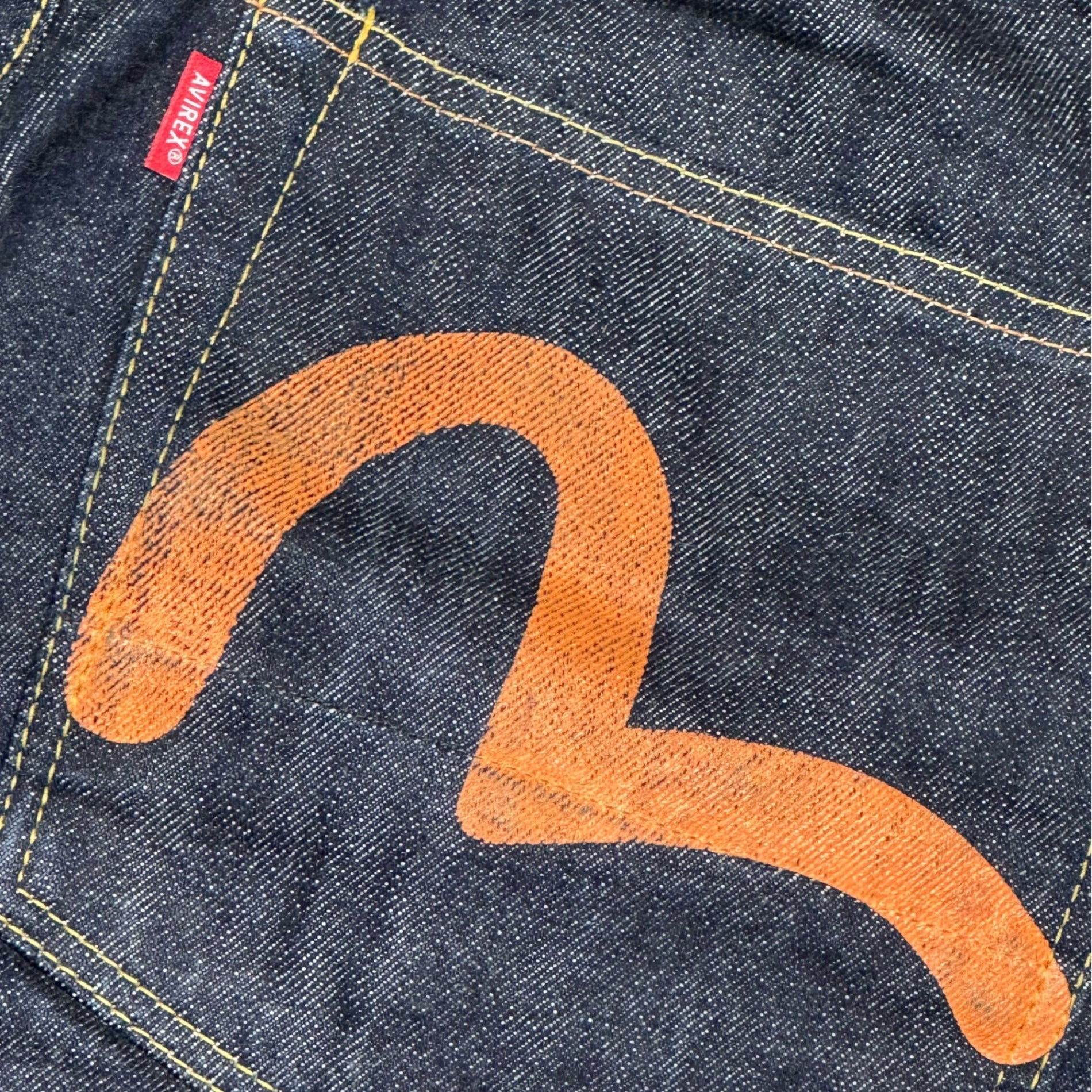 EVISU×AVIREX(エヴィス×アヴィレックス) AVIREX SPECIAL LOT 2001 30周年 限定コラボ カモメ ペイント セルビッチ デニム パンツ Lot 2001 34×32 インディゴ エビス ジーンズ