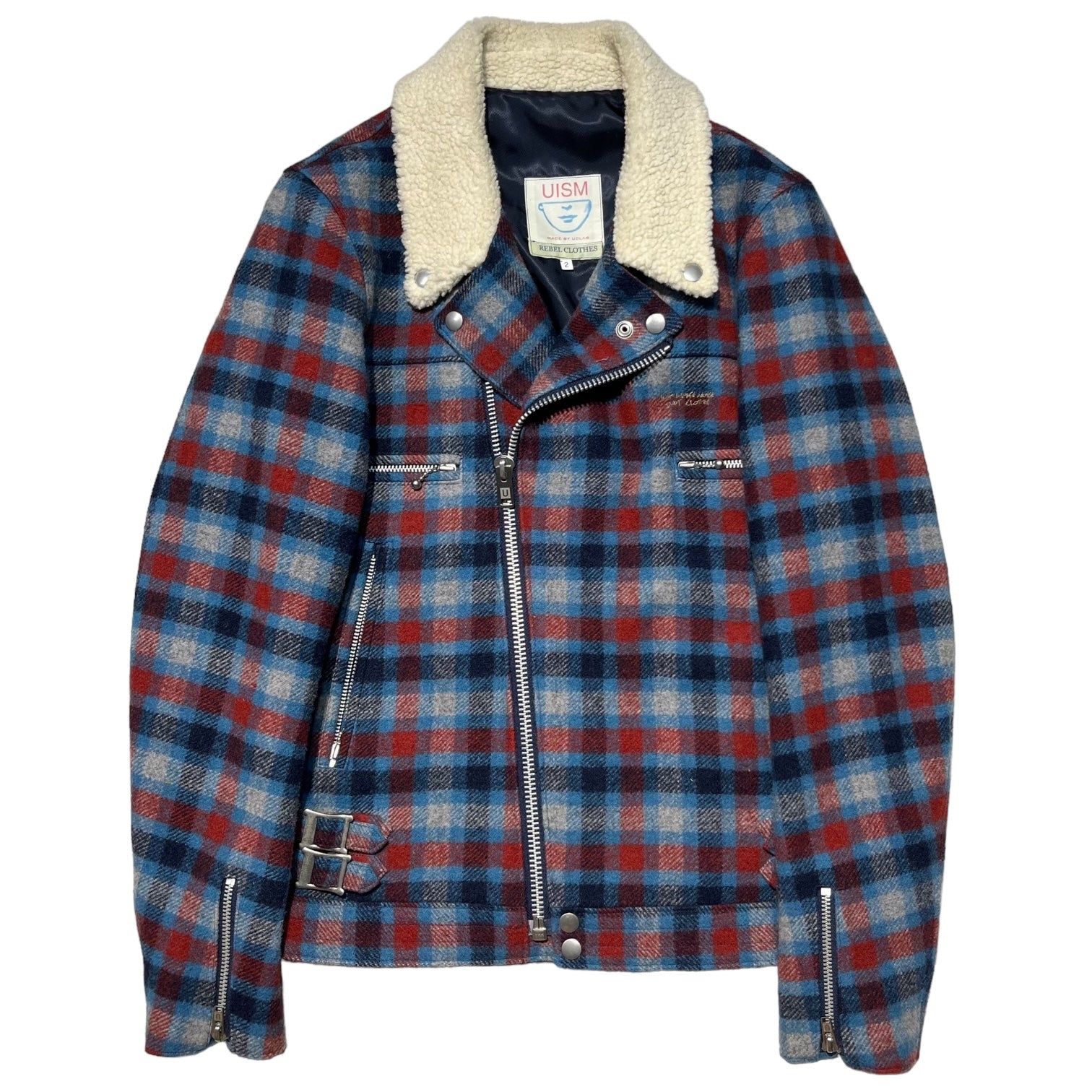 UNDERCOVERISM(アンダーカバーイズム) 08AW Boa collar wool check riders jacket ボア カラー ウール チェック ライダース ジャケット B4212 2(M程度) ブルー×レッド