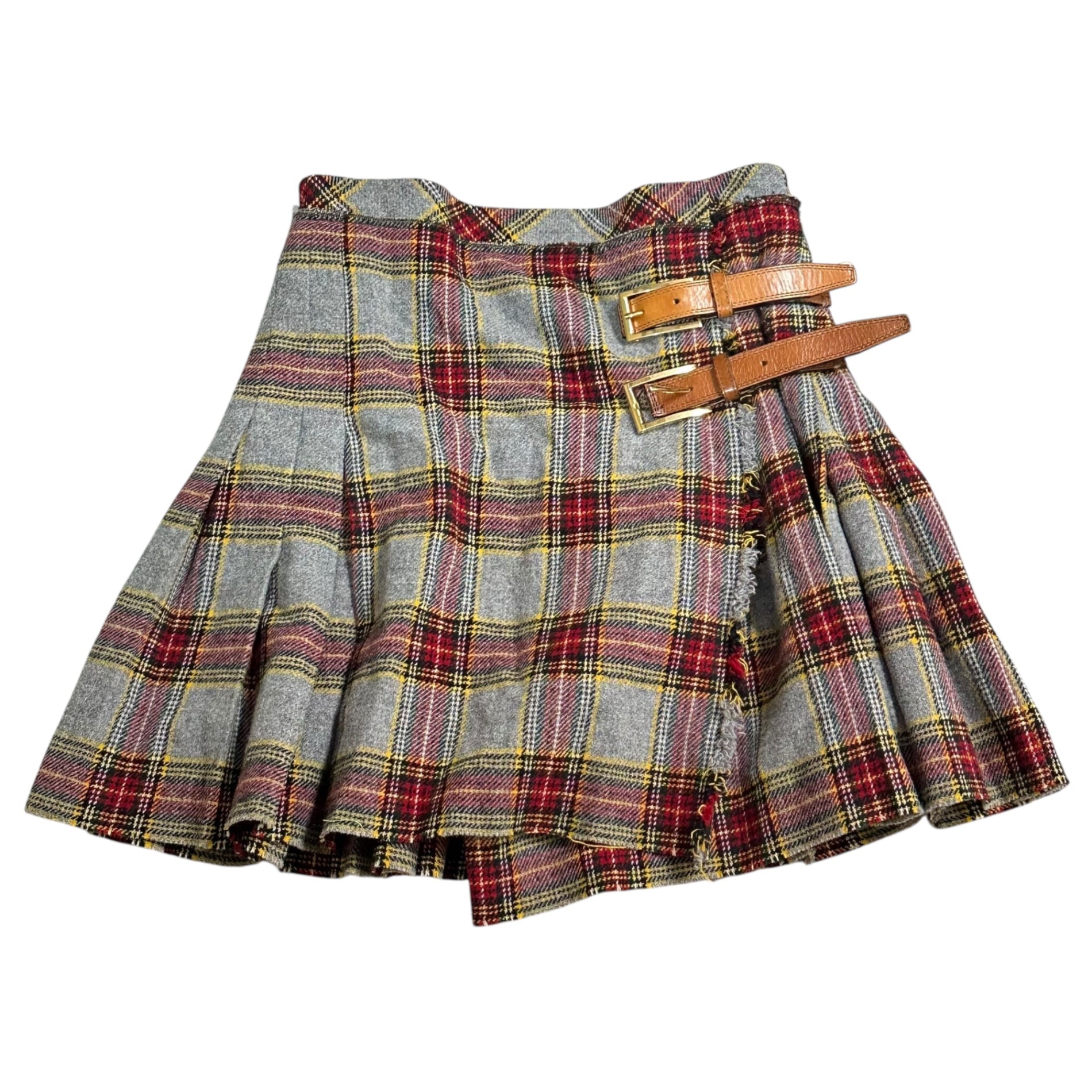 D&G(ディー&ジードルガバドルチェ&ガッバーナ) Woolen rolled skirt with checkered pattern and belt チェック柄 ベルト付 ウール 巻き スカート  40(L程度) グレー×レッド 品質表示タグ切取