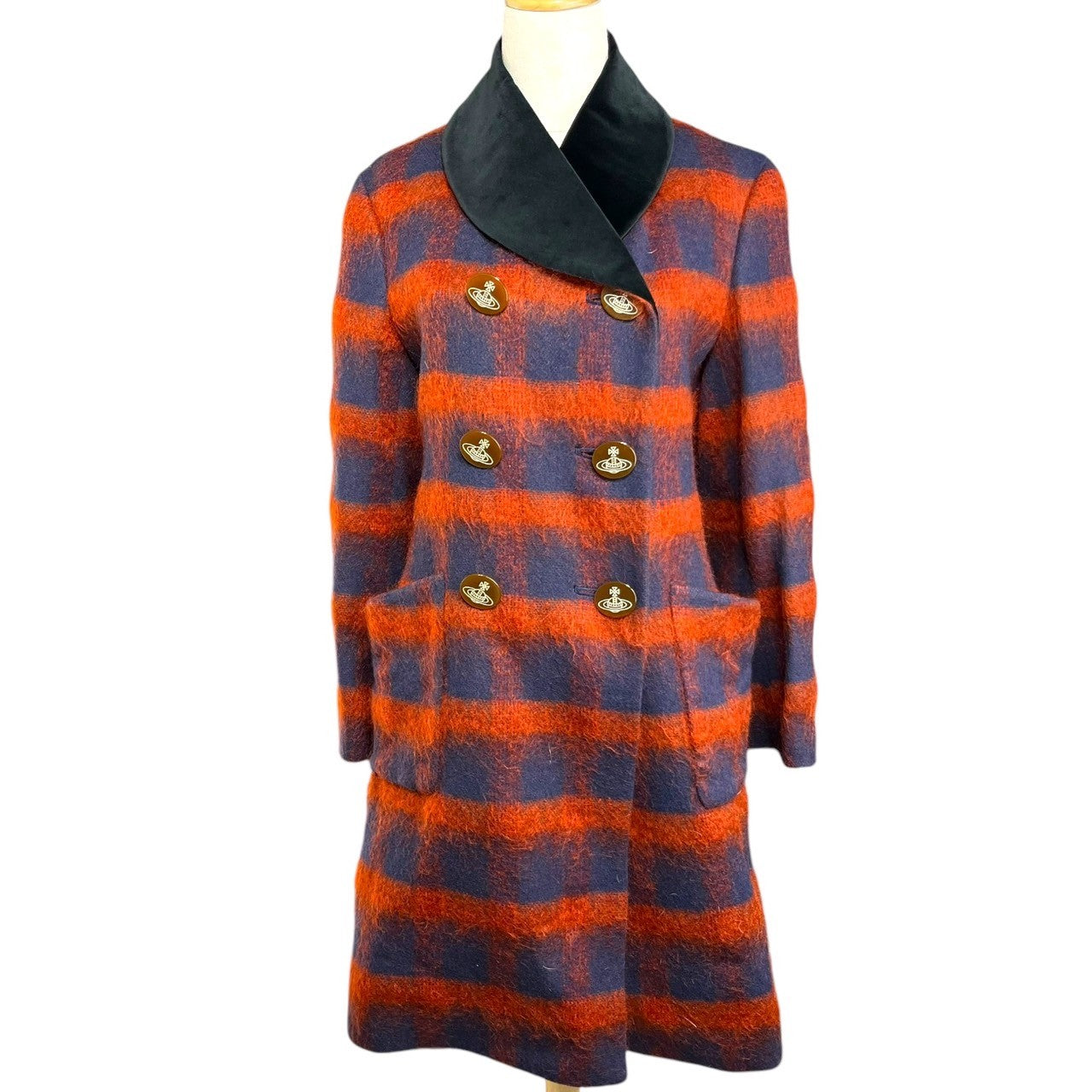 Vivienne Westwood RED LABEL(ヴィヴィアンウエストウッドレッドレーベル) 00's Velor collar shaggy wool orb button check coat 襟 ベロア シャギー ウール  オーブボタン チェック コート モヘア調 357-01-67513 3(L) レッド×ネイビー オリゾンティタグ