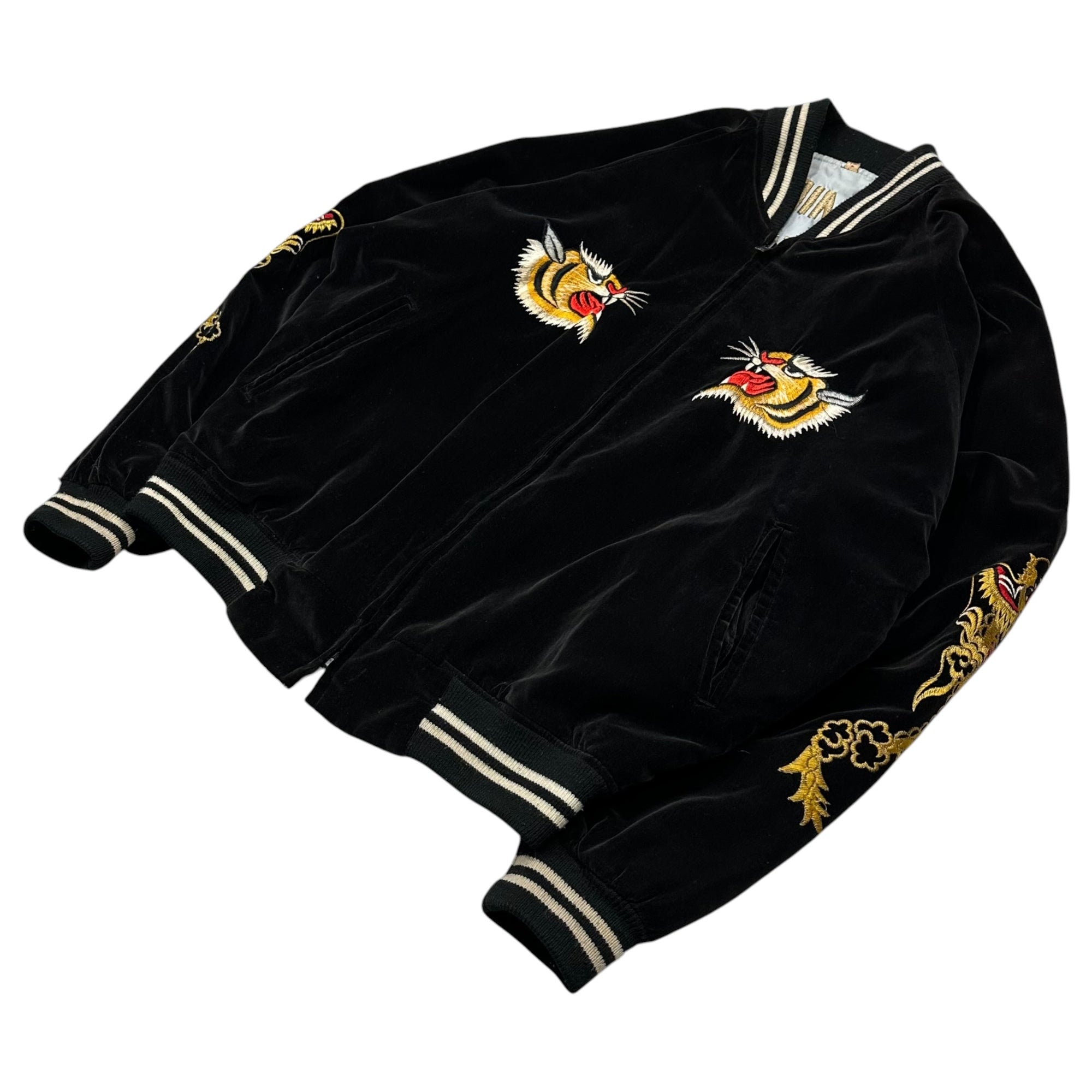 VINTAGE(ヴィンテージ) 1980's~1990’s ”U.S.S. MIDWAY CV-41” Souvenir Jacket 別珍 スーベニア ジャケット L ブラック×ライトグレー 80年代～90年代 ヴィンテージ YKKジップ 横須賀