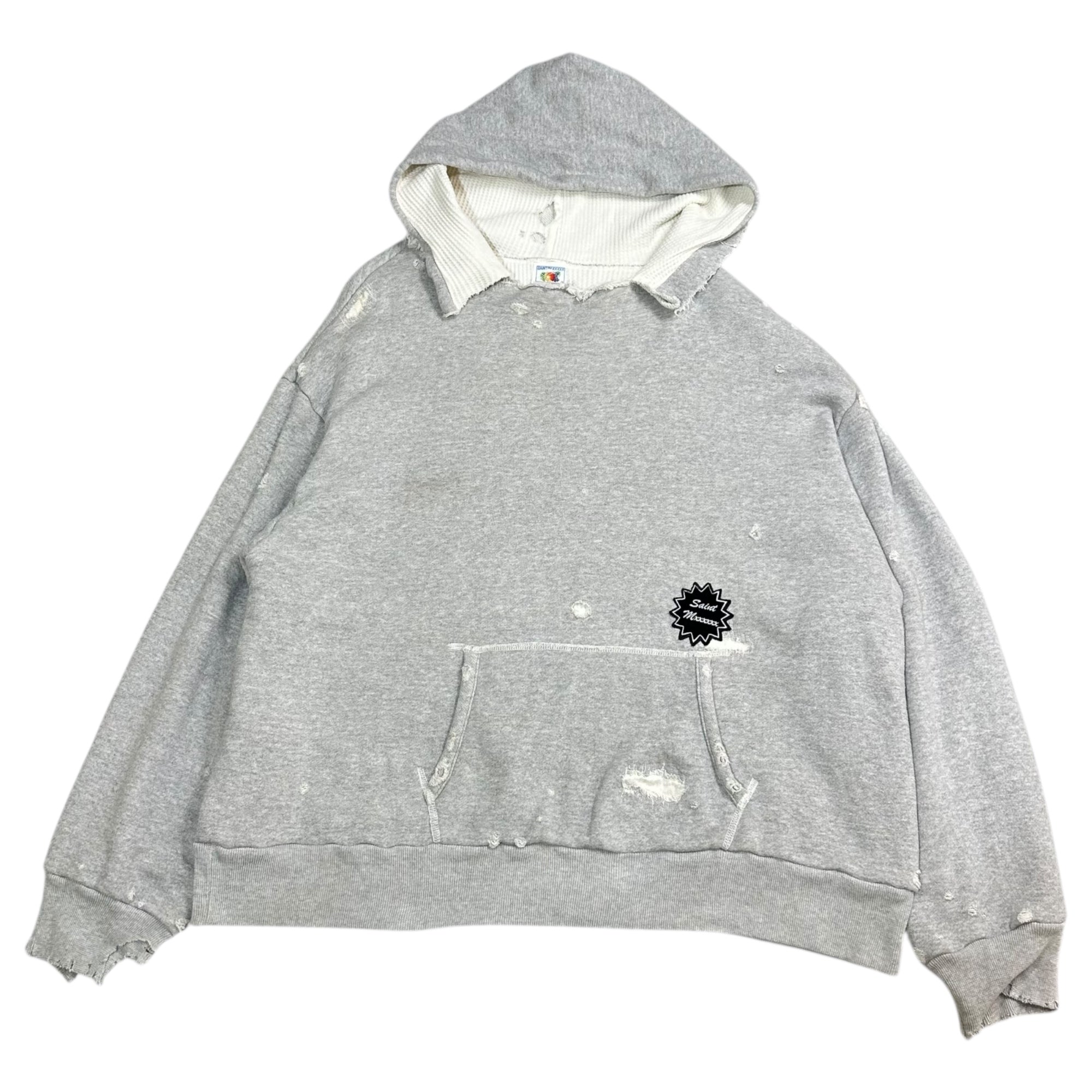 SAINT MICHAEL(セントマイケル) 24SS HOODIE / DOUBLE FACE / GRY ダブル フェイス フーディ SM-YS8-0000-039 XL グレー ダメージ 加工 プルオーバー パーカー