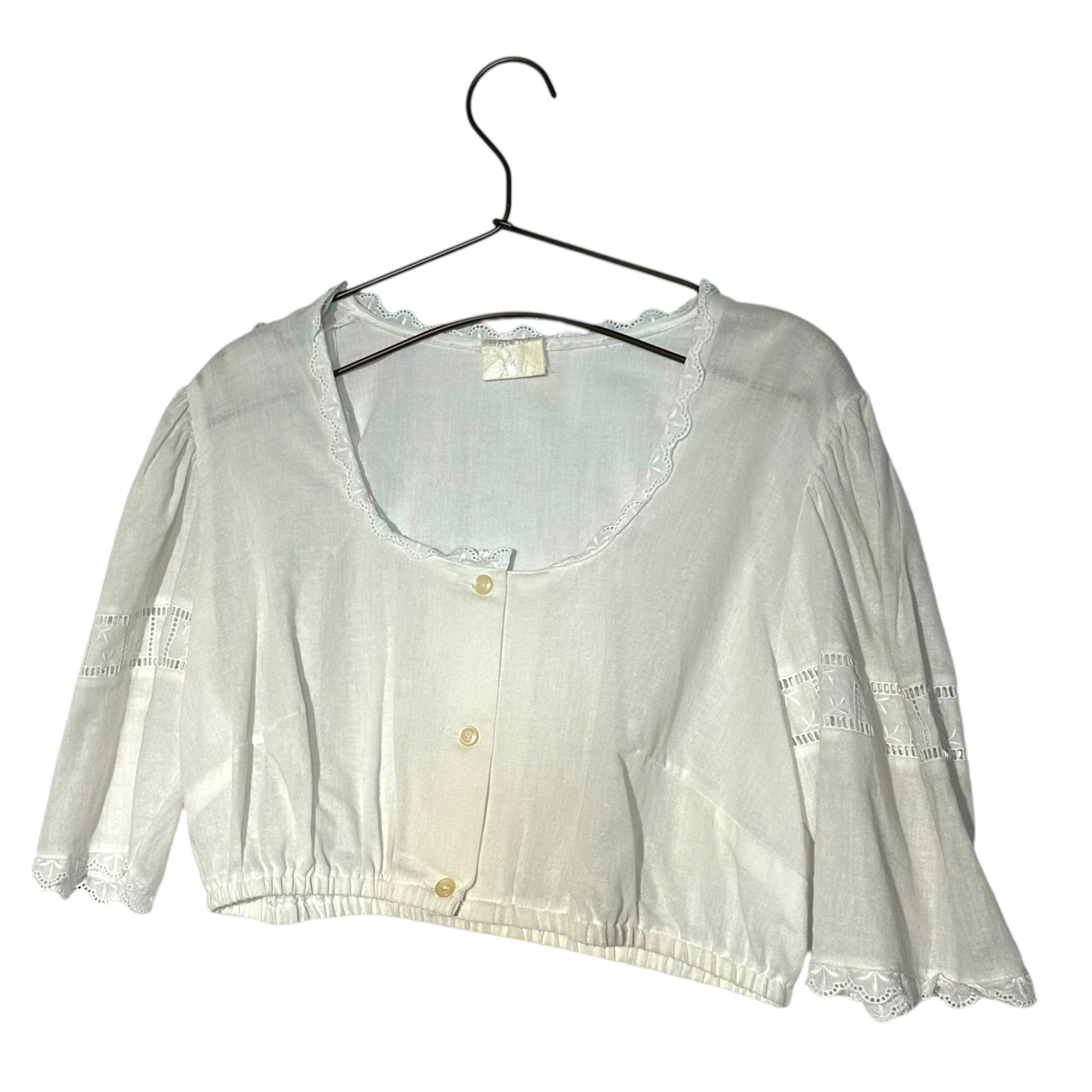 VINTAGE 70's~Tyrolean embroidery short blouse チロリアン 刺繍入りショートブラウス 44(Lサイズ) ホワイト
