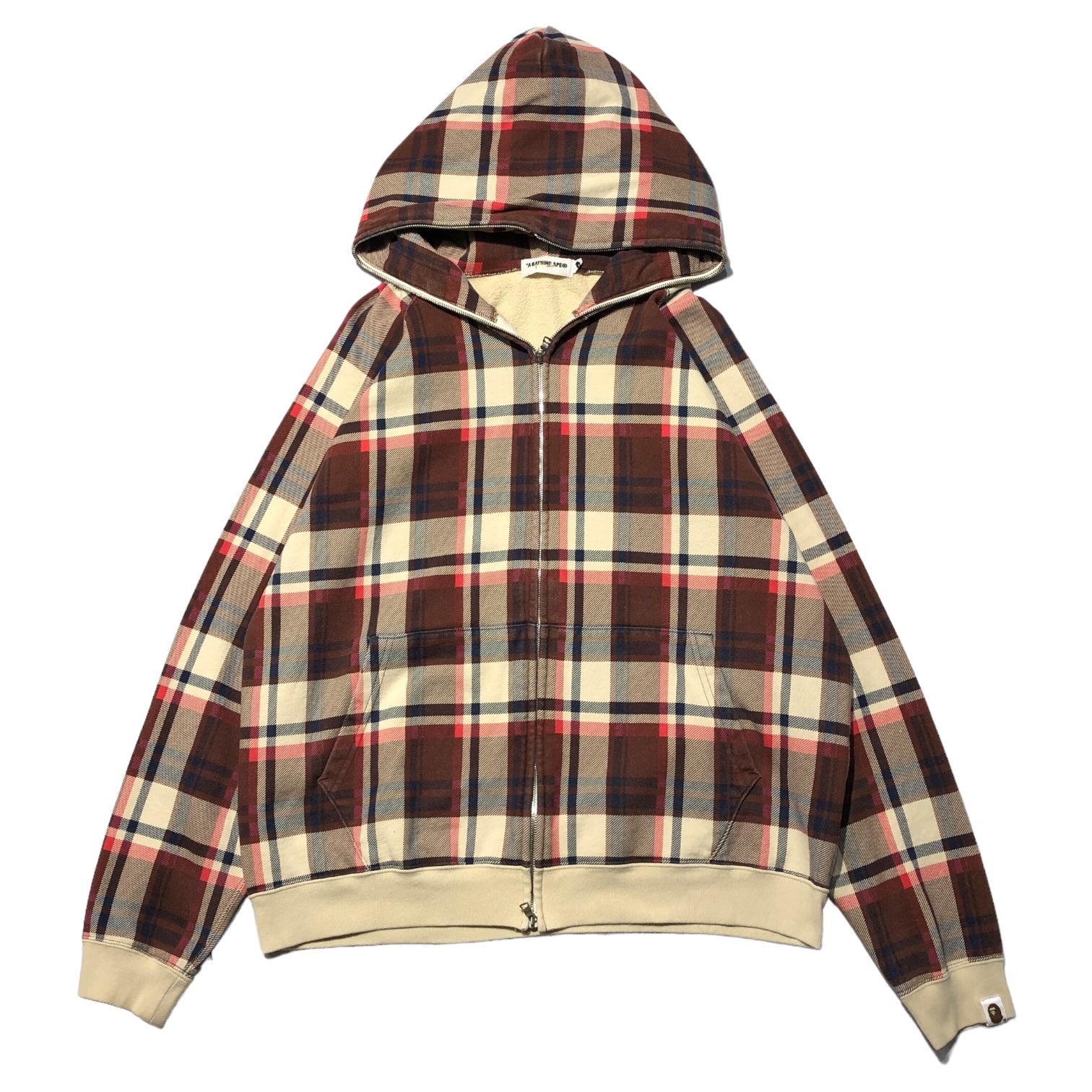 A BATHING APE(アベイシングエイプ) 00's CHECK ZIP UP PARKA チェック ジップアップパーカー L アイボリー×レッド