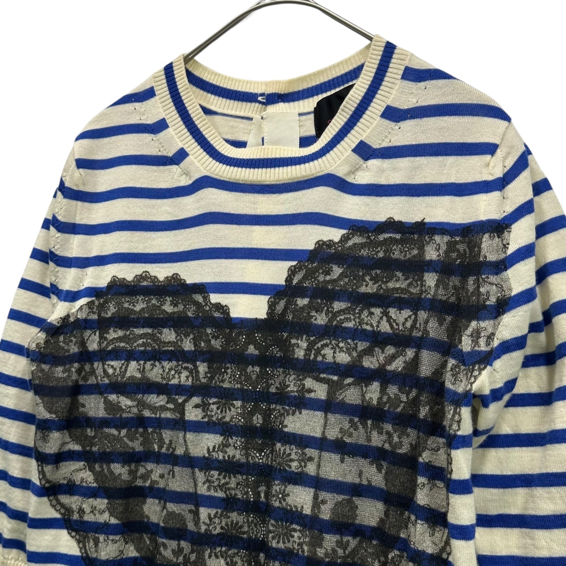tricot COMME des GARCONS(トリココムデギャルソン) 11AW  Heart lace design back button border cardigan ハート レース デザイン バックボタン ボーダー カーディガン TH-N202 FREE オフホワイト×ブルー×ブラック AD2011