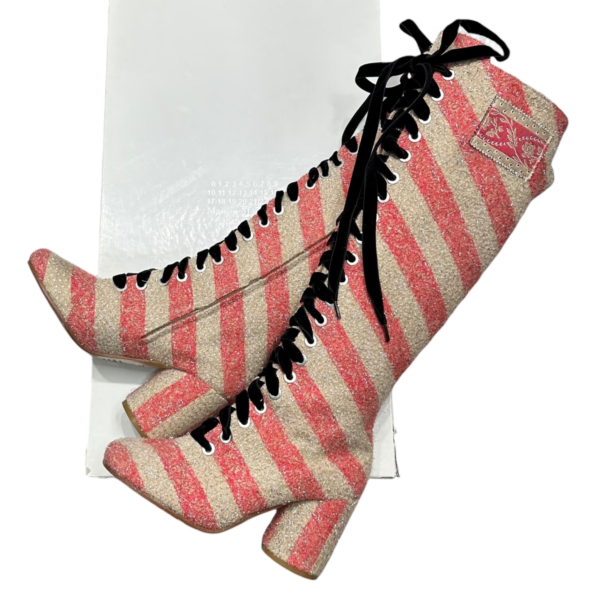 MAISON MARGIELA(メゾンマルジェラ) 17AW Lace-Up Tweed Long Boots レース アップ ツイード ロング ブーツ S58WW0045 37(23.5cm程度) レッド×ベージュ