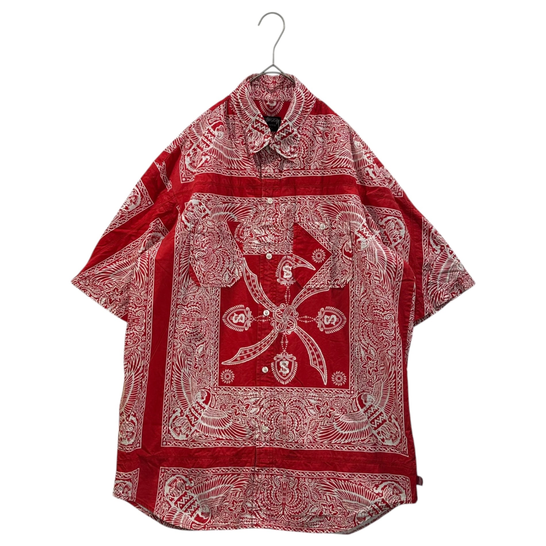 STUSSY(ステューシー) Bandana-print cotton S/S shirt バンダナ柄 コットン 半袖 シャツ XL レッド×ホワイト