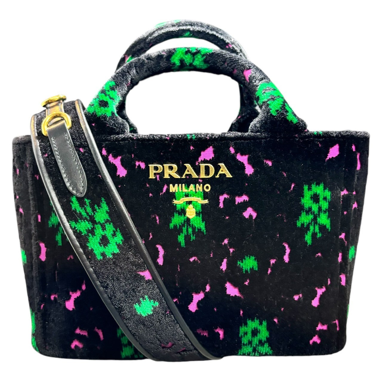 PRADA(プラダ) カナパトート ベロア 2WAY ショルダーバッグ 花柄 トートバッグ ベルベット 1BA038 ブラック×グリーン×ピンク