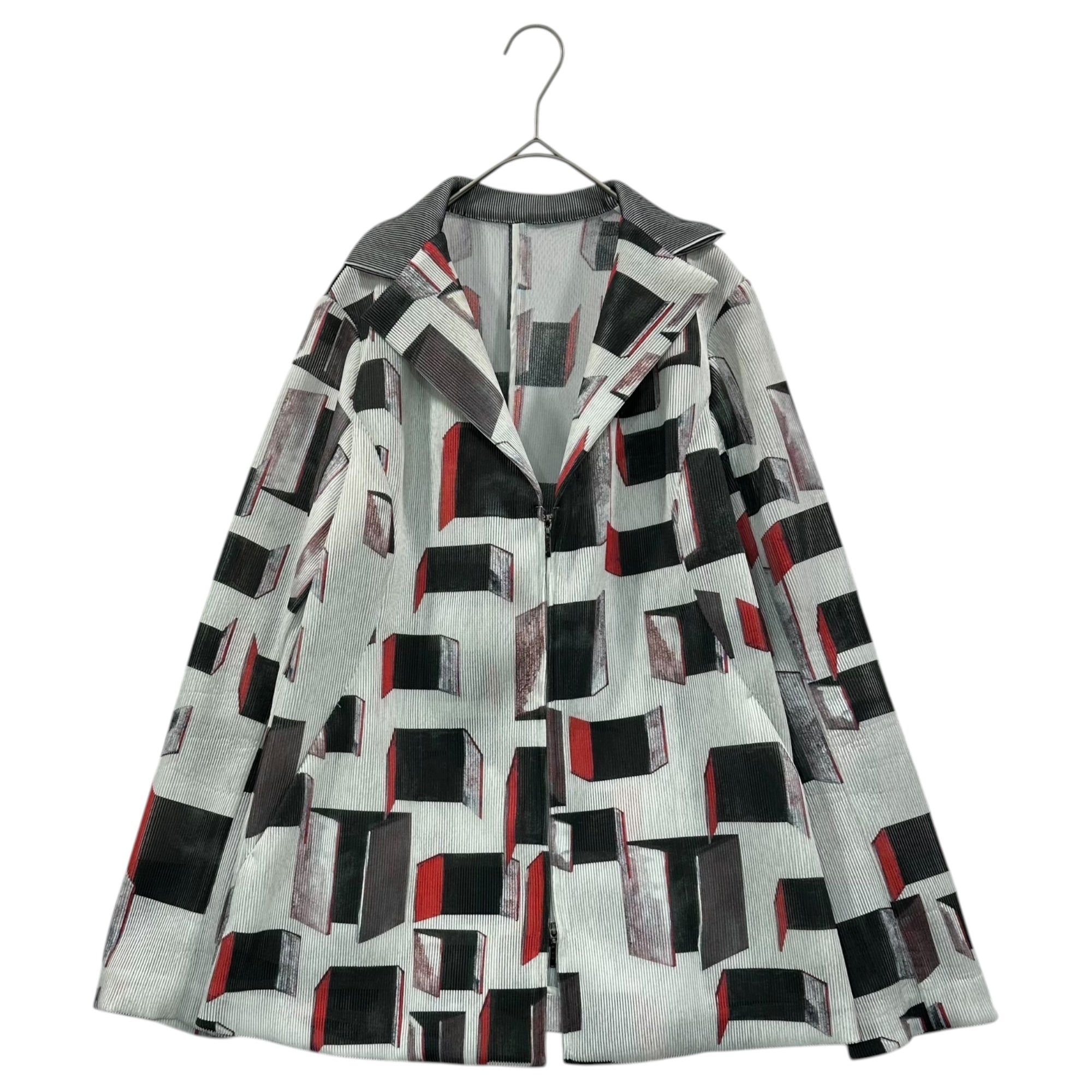 HIROKO KOSHINO TRUNK(ヒロコ コシノ トランク)  00's Geometric Pattern Pleated Zip-Up Jacket 幾何学模様 プリーツ ジップアップ ジャケット RSJEP-42470 40(L程度) グレー×ブラック×レッド OLD 2000年代