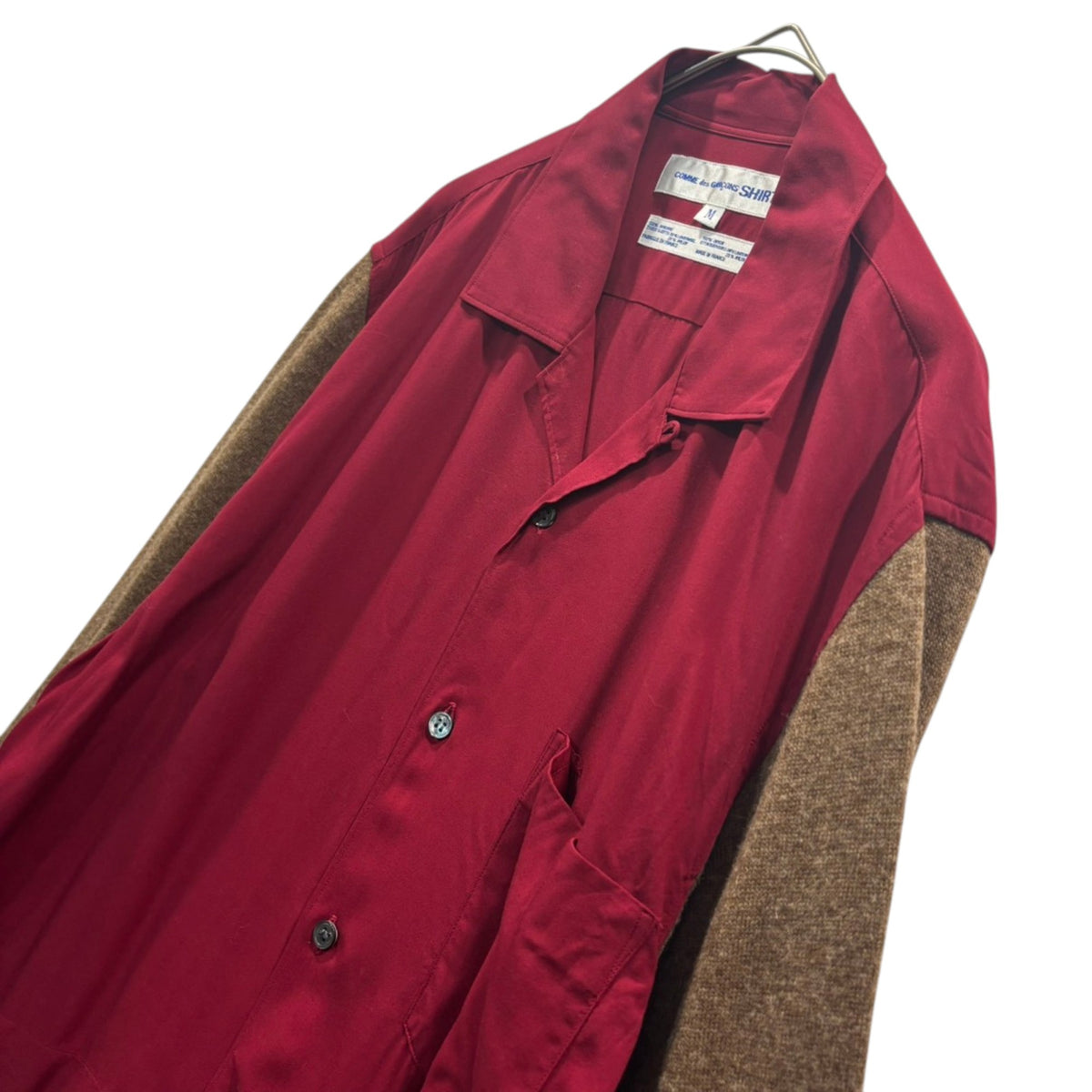 COMME des GARCONS SHIRT(コムデギャルソンシャツ) 1990's Lambswool-Sleeve Rayon Open-Collar Shirt ラムウール スリーブ レーヨン オープン カラー シャツ M ボルドー×ブラウン 90s アーカイブ
