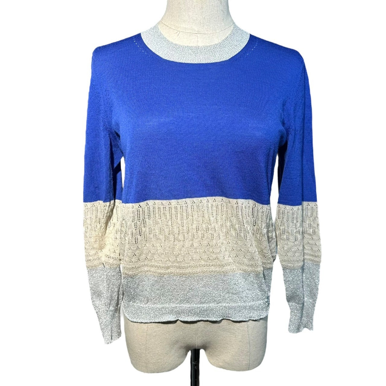 tricot COMME des GARCONS(トリココムデギャルソン) 11SS Hemline change sequin rib knit cardigan 裾 切替 ラメ リブ ニット カーディガン TG-N0103 FREE ブルー×アイボリー×シルバー AD2010