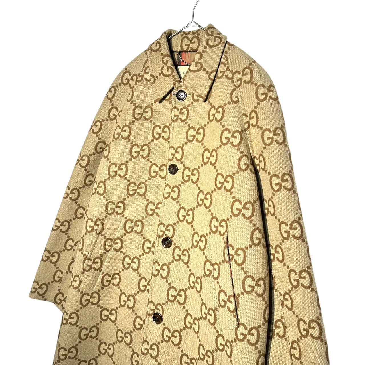 GUCCI(グッチ) 22AW Jumbo GG Canvas Wool Car Coat 698708 ZAIT6 ジャンボ GG キャンバス ウール コート 698708 48(ML程度) ベージュ ロゴ ロング