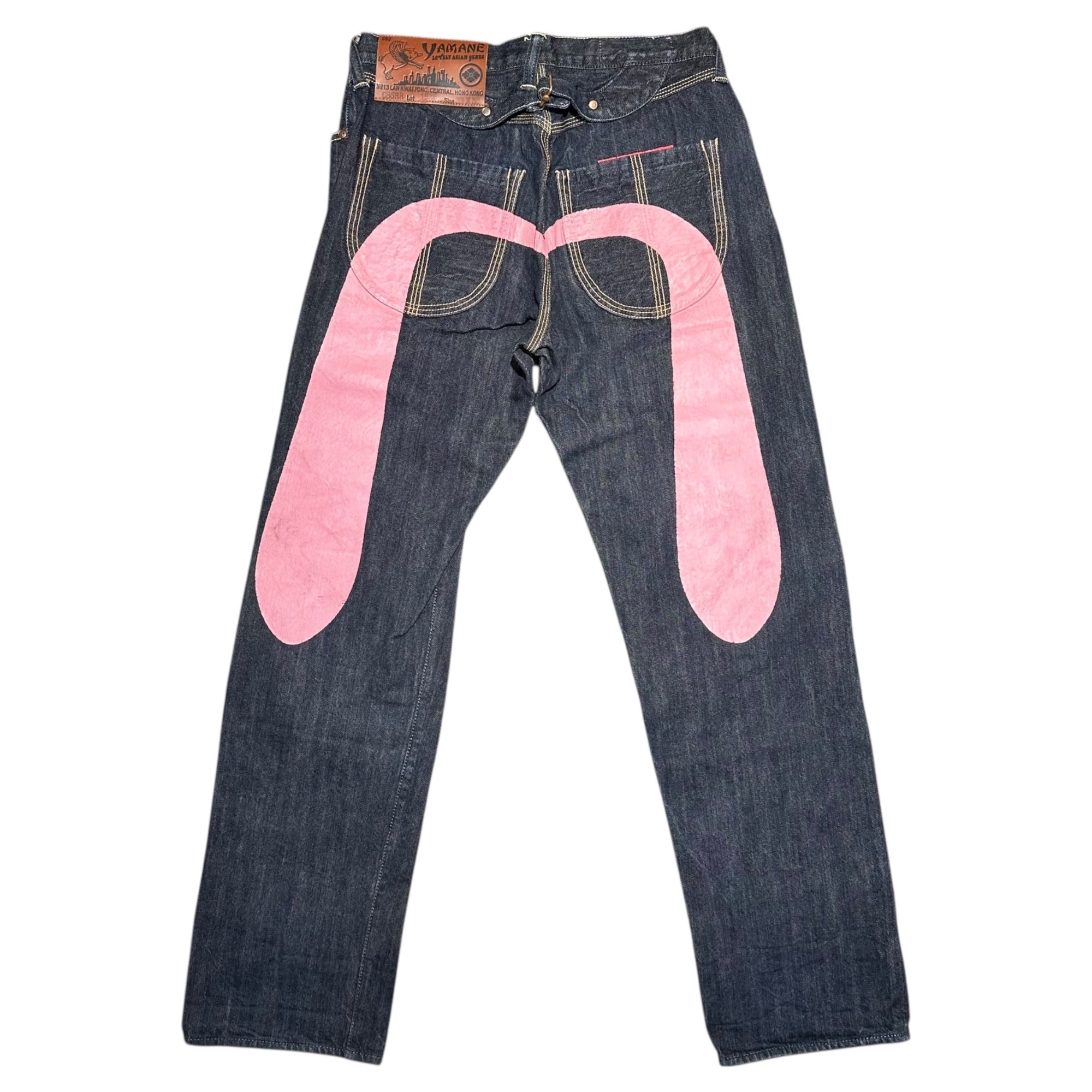 EVISU(エヴィス) YAMANE GURANTEED by Lot 1926 Selvich Jeans ピンク デカ カモメ ペイント セルビッチ デニム パンツ Lot 1926 33×33 インディゴ 大黒 エビス ジーンズ C86RR