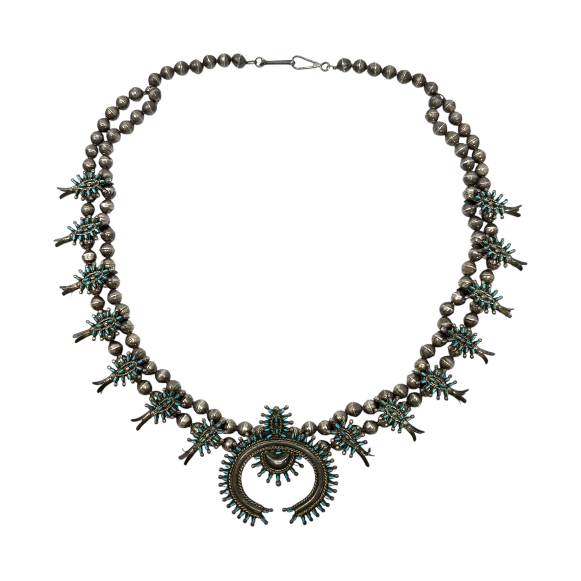 Indian jewelry(インディアン ジュエリー) Zuni Vintage Turquoise Naja Squash Blossom Necklace ズニ族 ヴィンテージ ターコイズ ナジャ スカッシュブロッサム ネックレス シルバー×ターコイズ