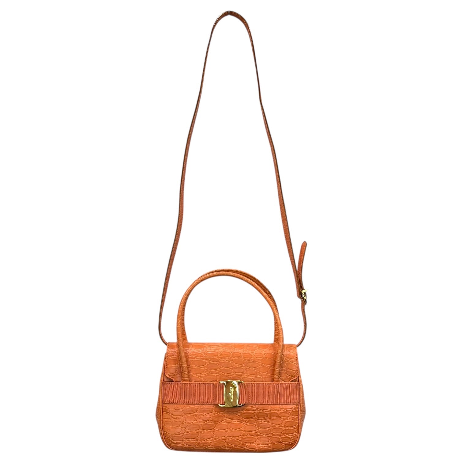 Salvatore Ferragamo(サルヴァトーレフェラガモ) Vara Croco Embossed 2-Way Shoulder Bag ヴァラ クロコ 型押し 2WAY ショルダー バッグ BA217201 サーモンピンク