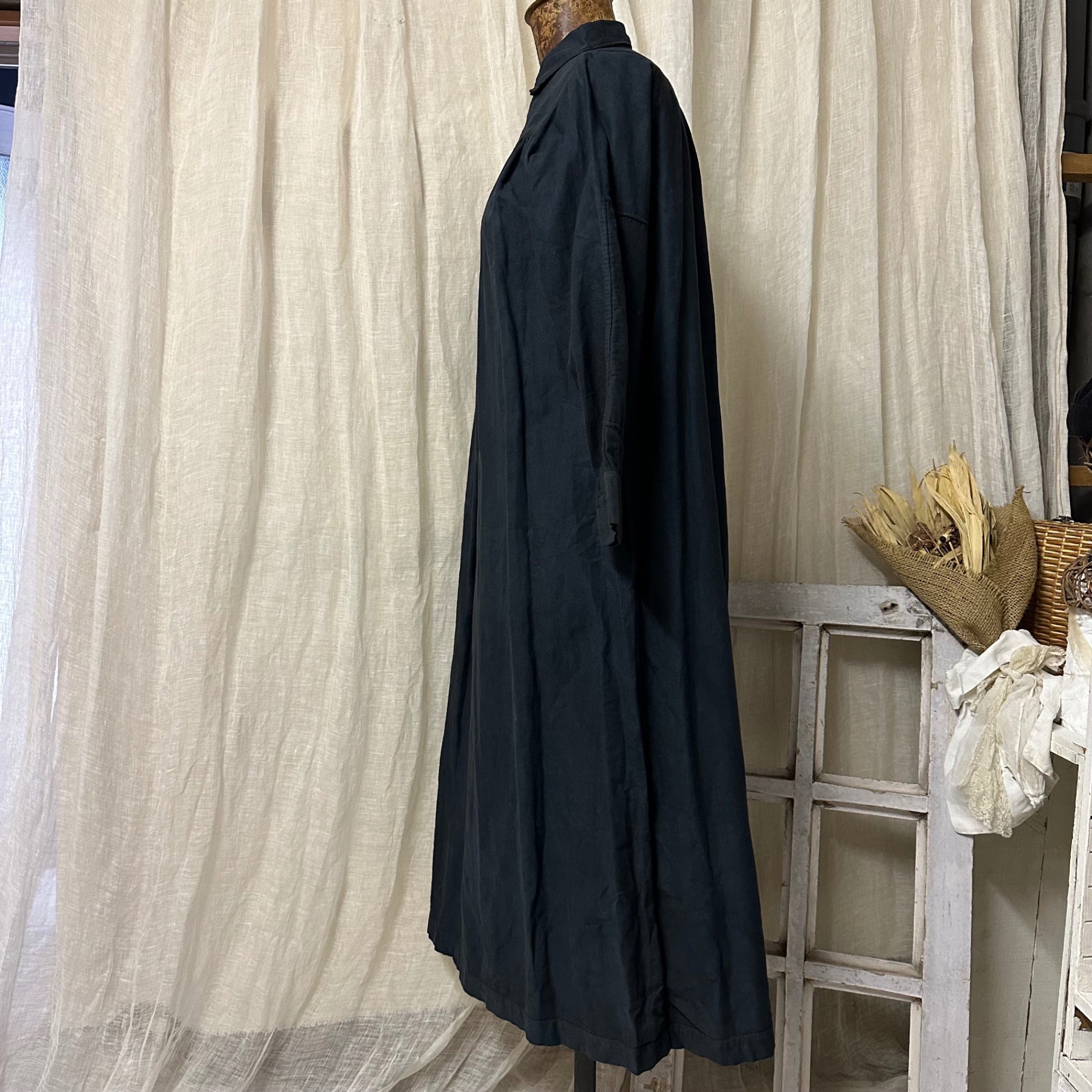 Euro Vintage(ヨーロッパヴィンテージ) Slowly_20's cotton gathered shirt dress/コットンギャザーシャツワンピース　後染め加工リメイク 表記なし(Mサイズ程度) ブラック