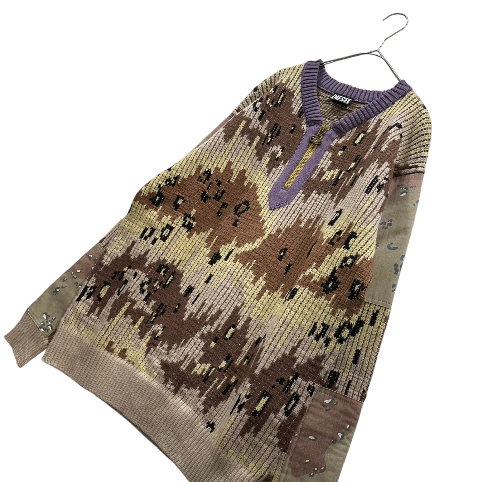 DIESEL(ディーゼル) K-Amillus Dessert Camo Pullover Half-Zip Ribbed Knit デザートカモ プルオーバー ハーフジップ リブニット  A06733 S ベージュ×ブラウン