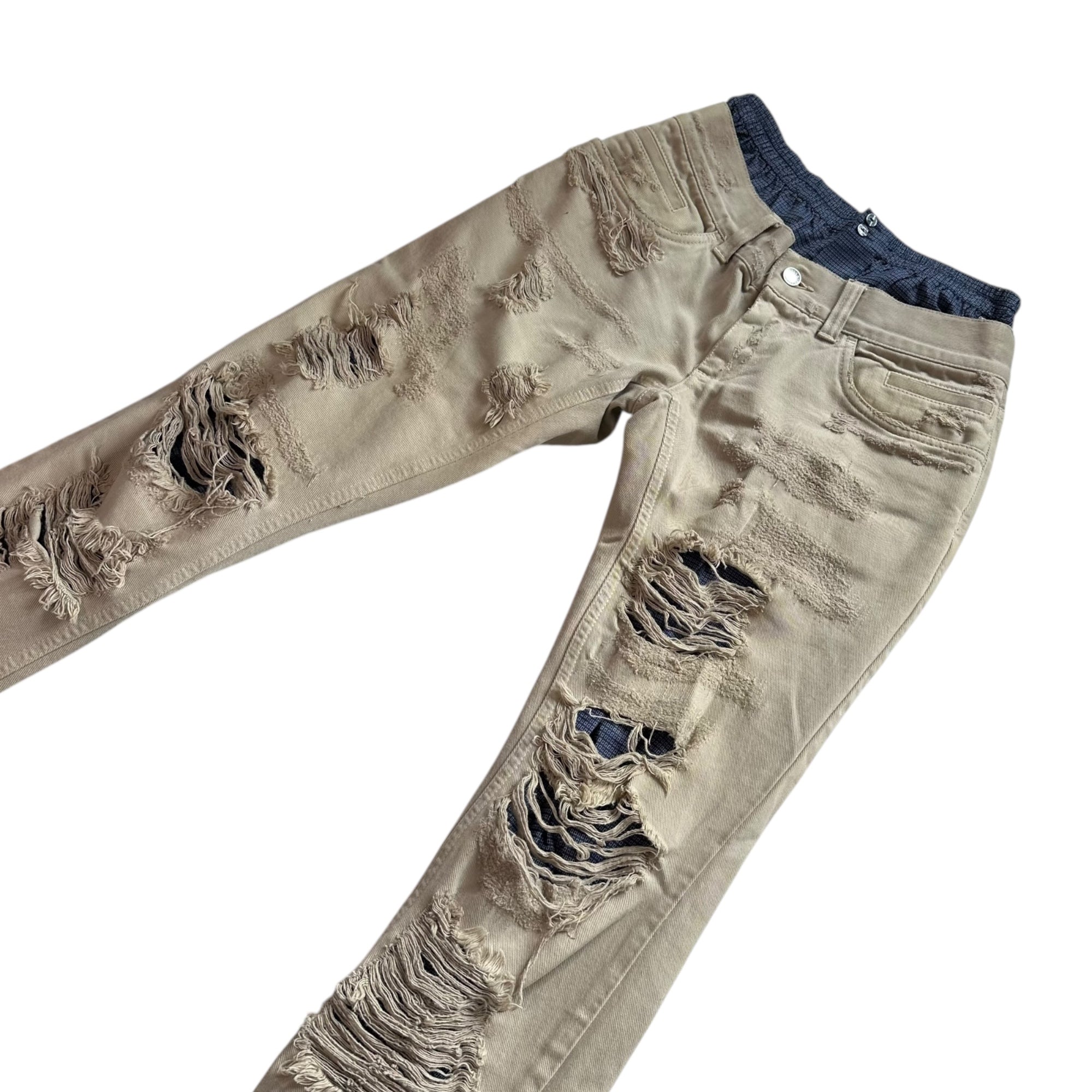 DOLCE&GABBANA(ドルチェ&ガッバーナドルガバ) Double-Waist Destroyed Denim Pants ダブルウエスト デストロイ デニム パンツ G46CLT/G9K22 44 ベージュ×ネイビー