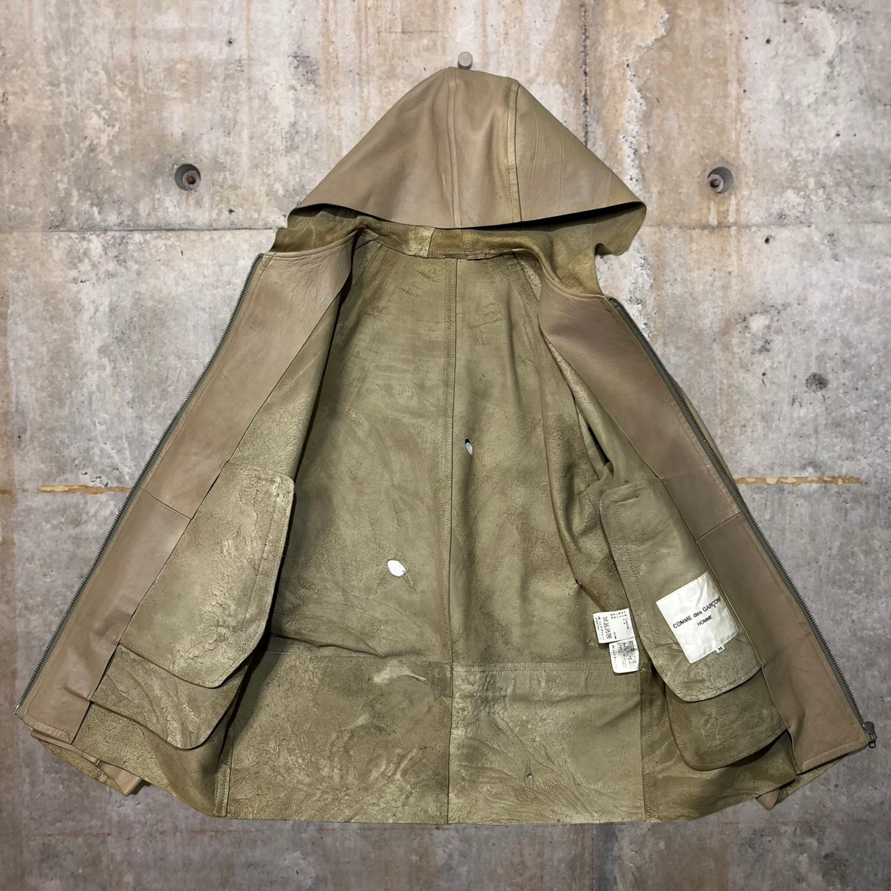 COMME des GARCONS HOMME(コムデギャルソンオム)  98AW distressed lamb leather parka/ダメージ加工ラムレザーパーカー/フーディ/田中啓一/ヴィンテージ/90年代 IJ-040730 SIZE M ベージュ AD1998 田中オム