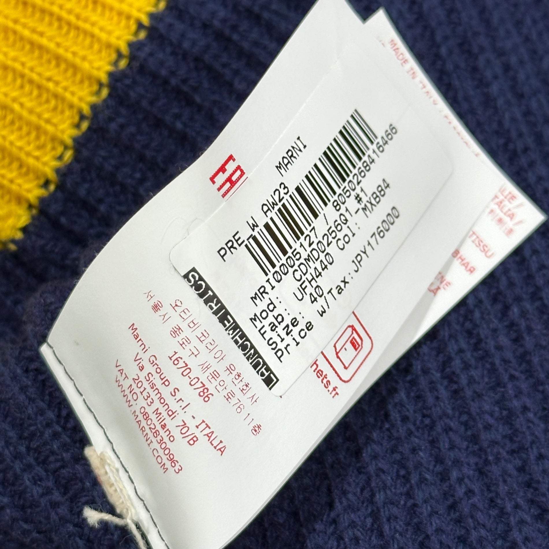 MARNI(マルニ) 2023AW Broken Fisherman Cardigan ブロークン フィッシャーマン カーディガン CDMD0256Q1 40 ネイビー×イエロー ダメージ加工