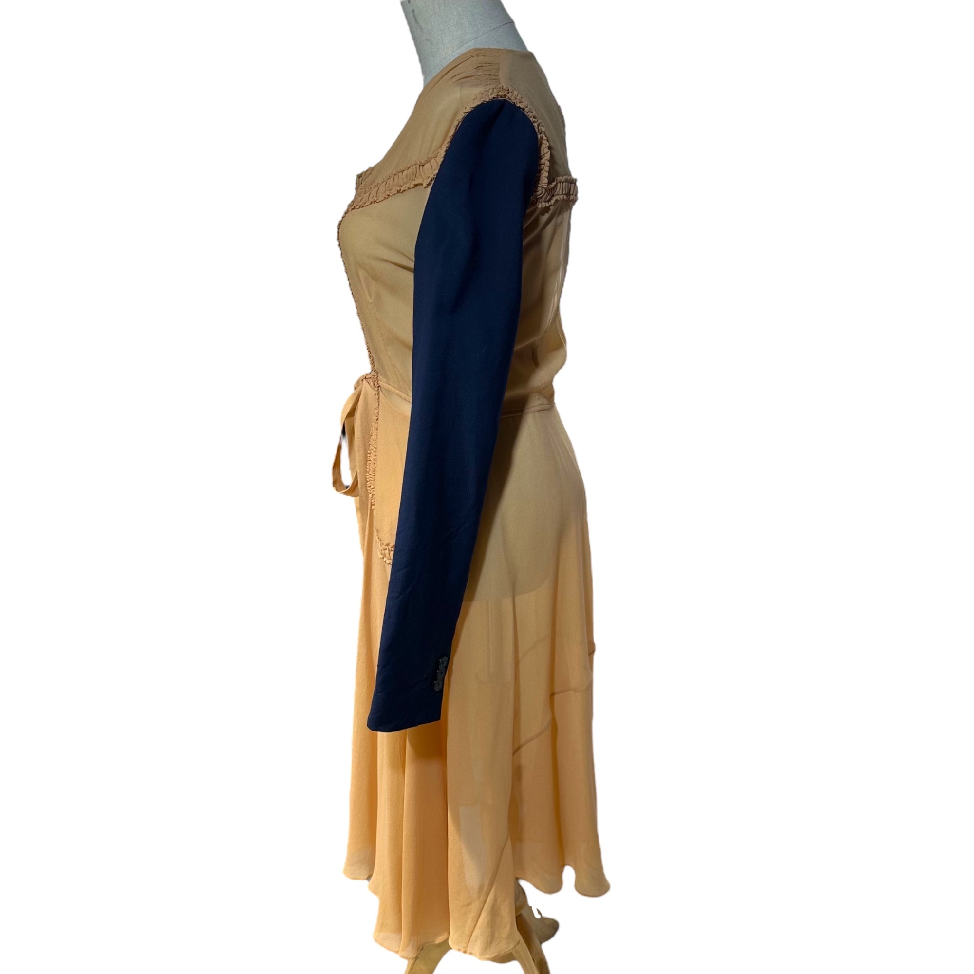 MAISON MARGIELA(メゾンマルジェラ) 21SS Co-Ed Tailored Sleeve Sheer Frill Dress テーラード スリーブ シアー フリル ドレス 表記無(40程度) ベージュ×ネイビー 白タグ