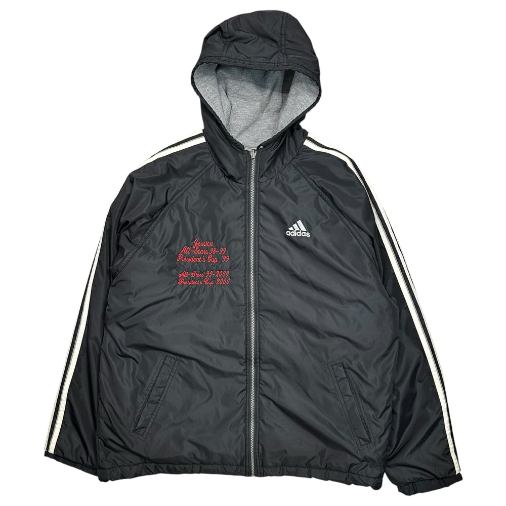 adidas(アディダス) 1990's Padded jacket 刺繍 フーデッド パテッド ジャケット US S(XL程度) ブラック 90年代 万国旗タグ