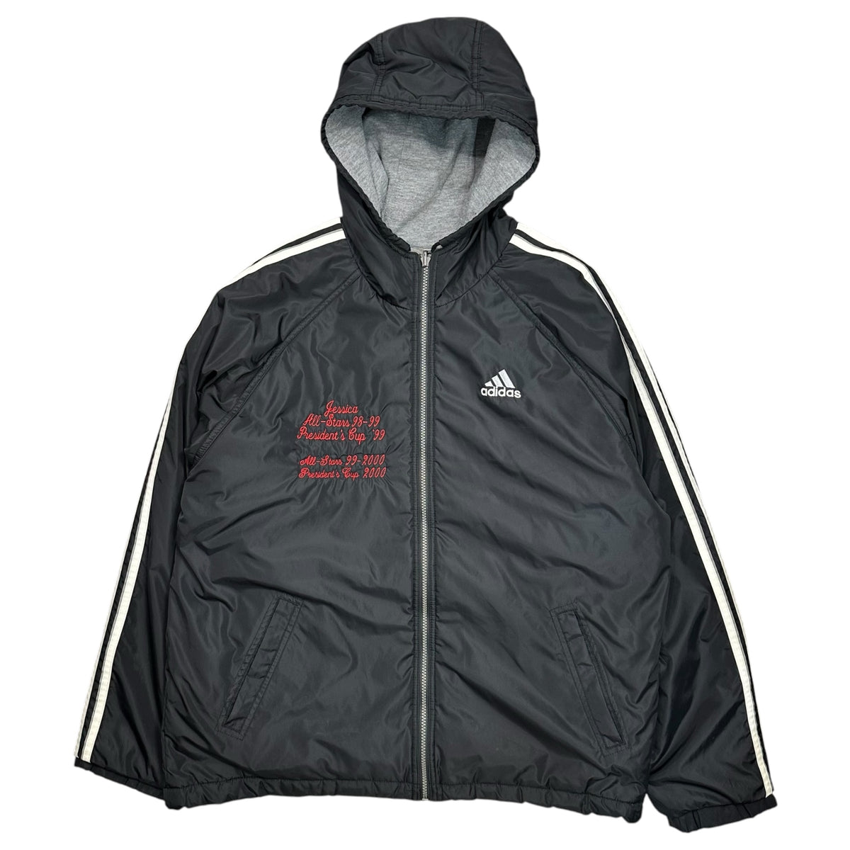 adidas(アディダス) 1990's Padded jacket 刺繍 フーデッド パテッド ジャケット US S(XL程度) ブラック 90年代 万国旗タグ