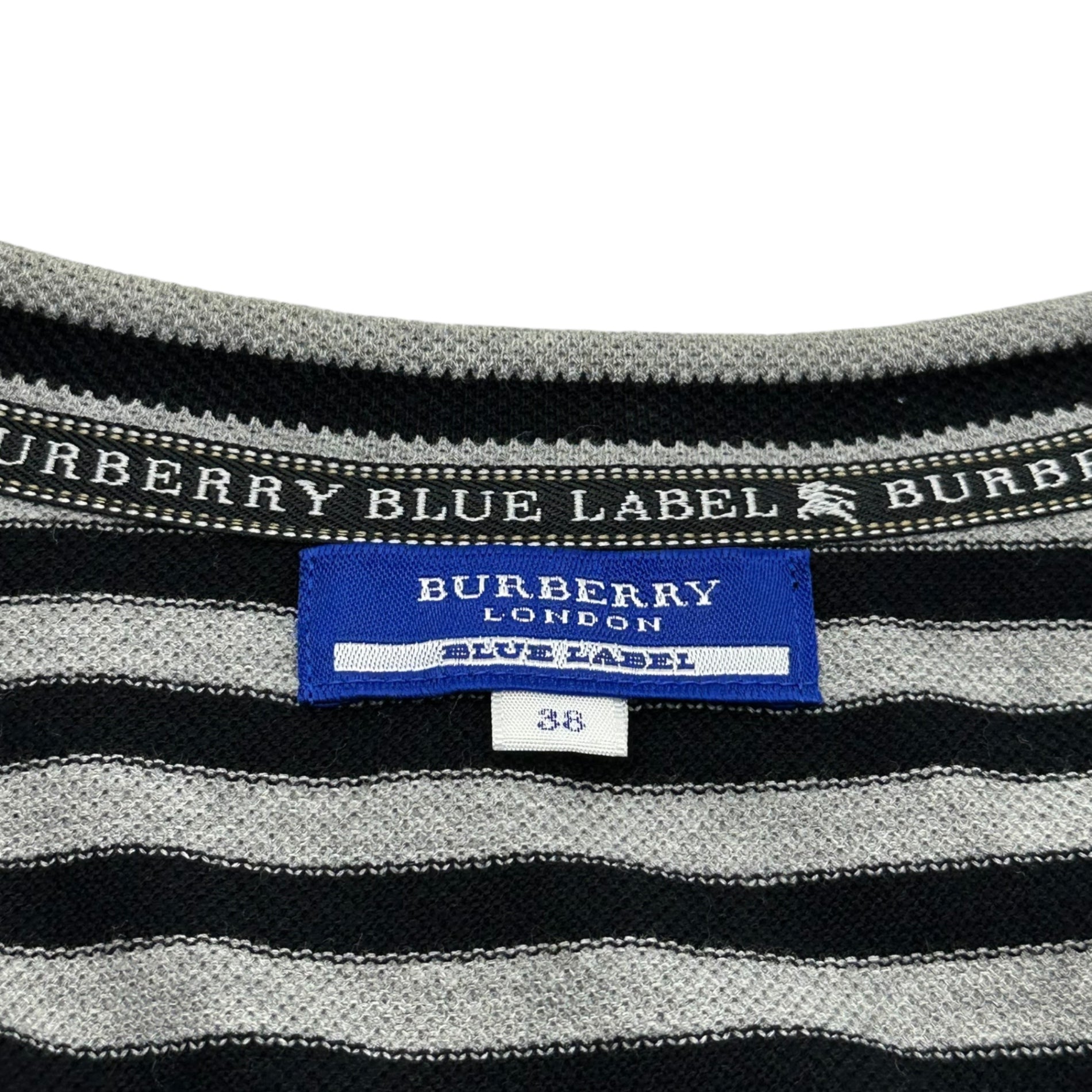 BURBERRY BLUE LABEL(バーバリーブルーレーベル) One-pointed logo cache-coeur short-sleeved striped deer dress ワンポイント ロゴ カシュクール 半袖 ボーダー 鹿の子 ワンピース FA536-271-09 38(M程度) グレー×ブラック