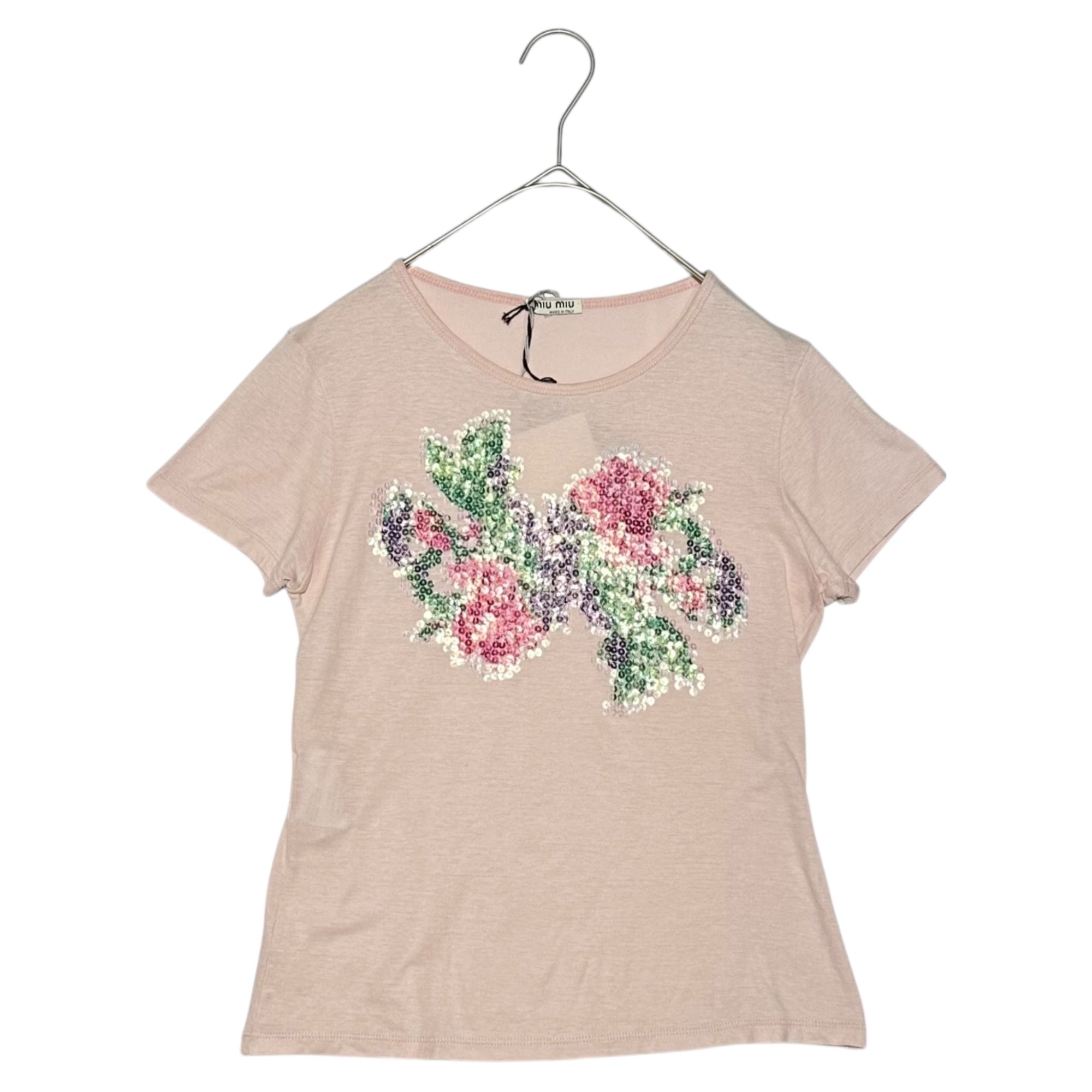 miu miu(ミュウミュウ) Sequin Flower Crew Neck T-Shirt スパンコール 花 クルーネック Tシャツ MJM239 M ピンク