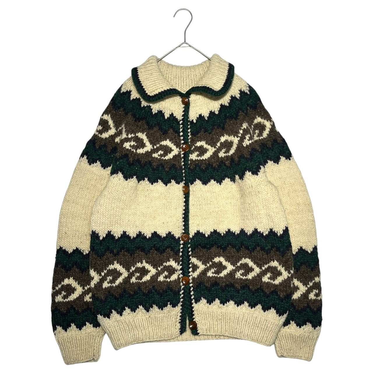 INDIGENOUS DESIGNS(インディアンデザインズ) Ecuador made Indian low gauge knit cardigan エクアドル製 インディアン ローゲージ ニット カーディガン カウチン L アイボリー×グリーン 環境保護 サスティナブル オーガニック