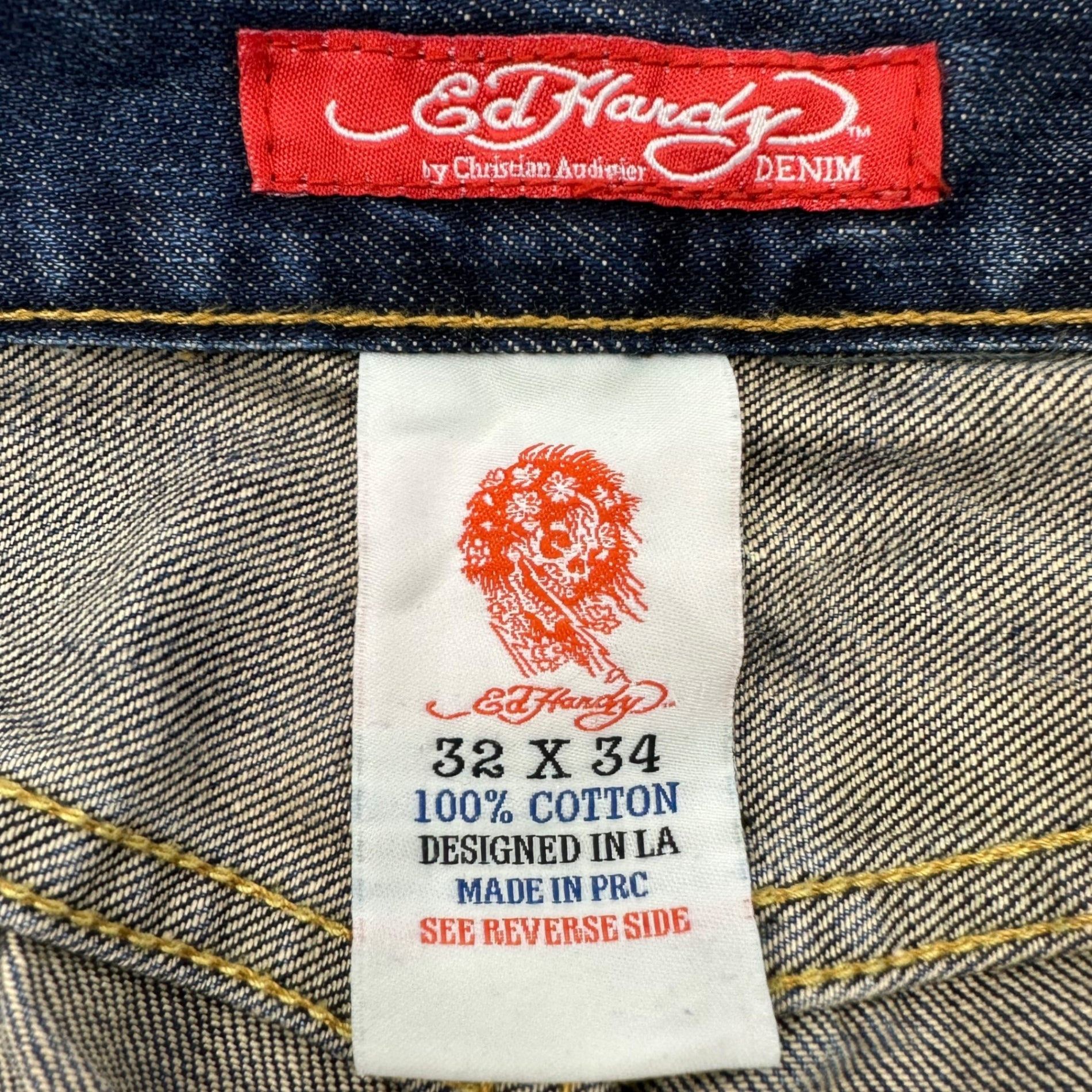 Ed Hardy(エドハーディー) Devil embroidery straight denim pants デビル刺繍 ストレート デニム パンツ LOT 2009 32 インディゴ Y2K B系 ワイド