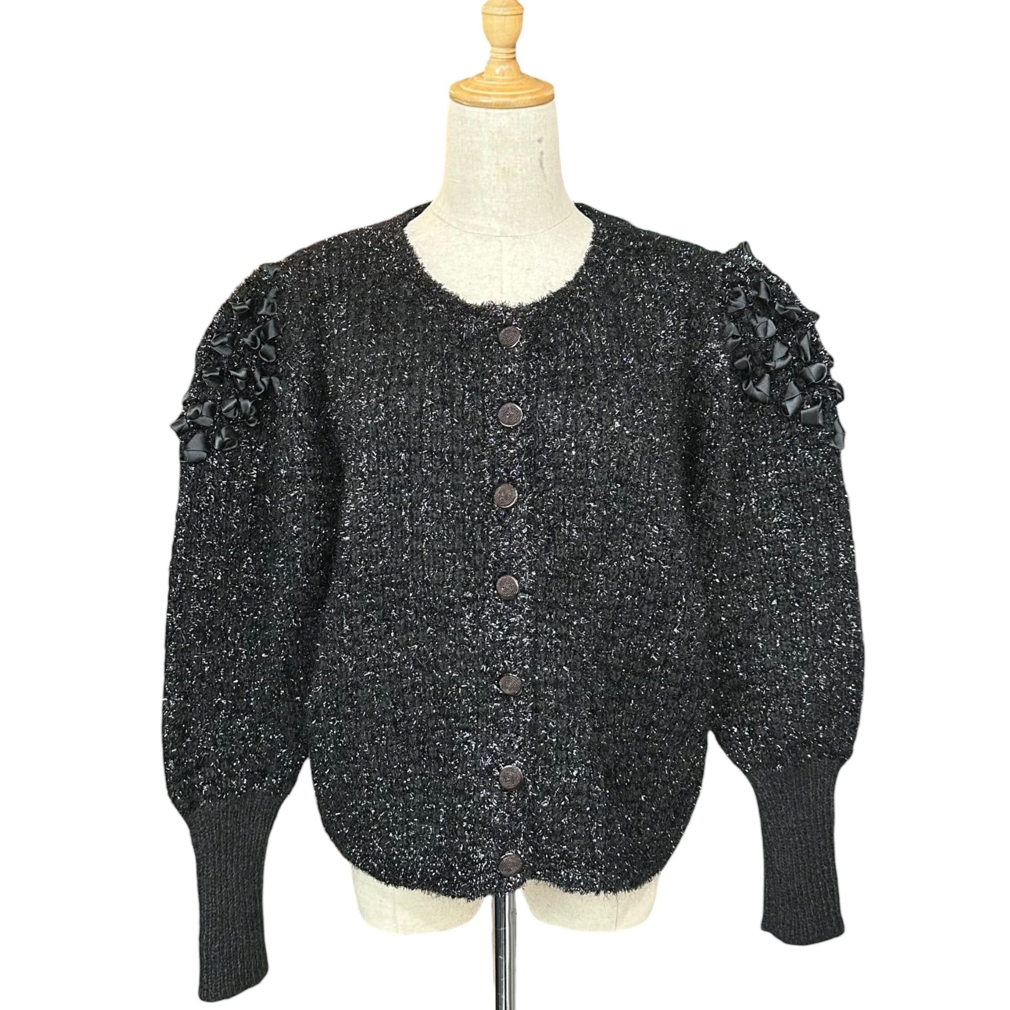 YVES SAINT LAURENT(イヴサンローラン) Vintage Lame Ribbon Crew Neck Knit Cardigan ヴィンテージ ラメ リボン クルーネック ニット カーディガン ST41-884 M ブラック