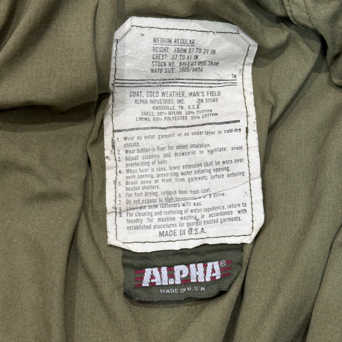 ALPHA INDUSTRIES(アルファ インダストリーズ) 1990's M-65 COAT, COLD WEATHER, FIELD ミリタリー フィールド ジャケット 8415-01-099-7839 MEDIUM-REGULAR オリーブ 90年代 USA製