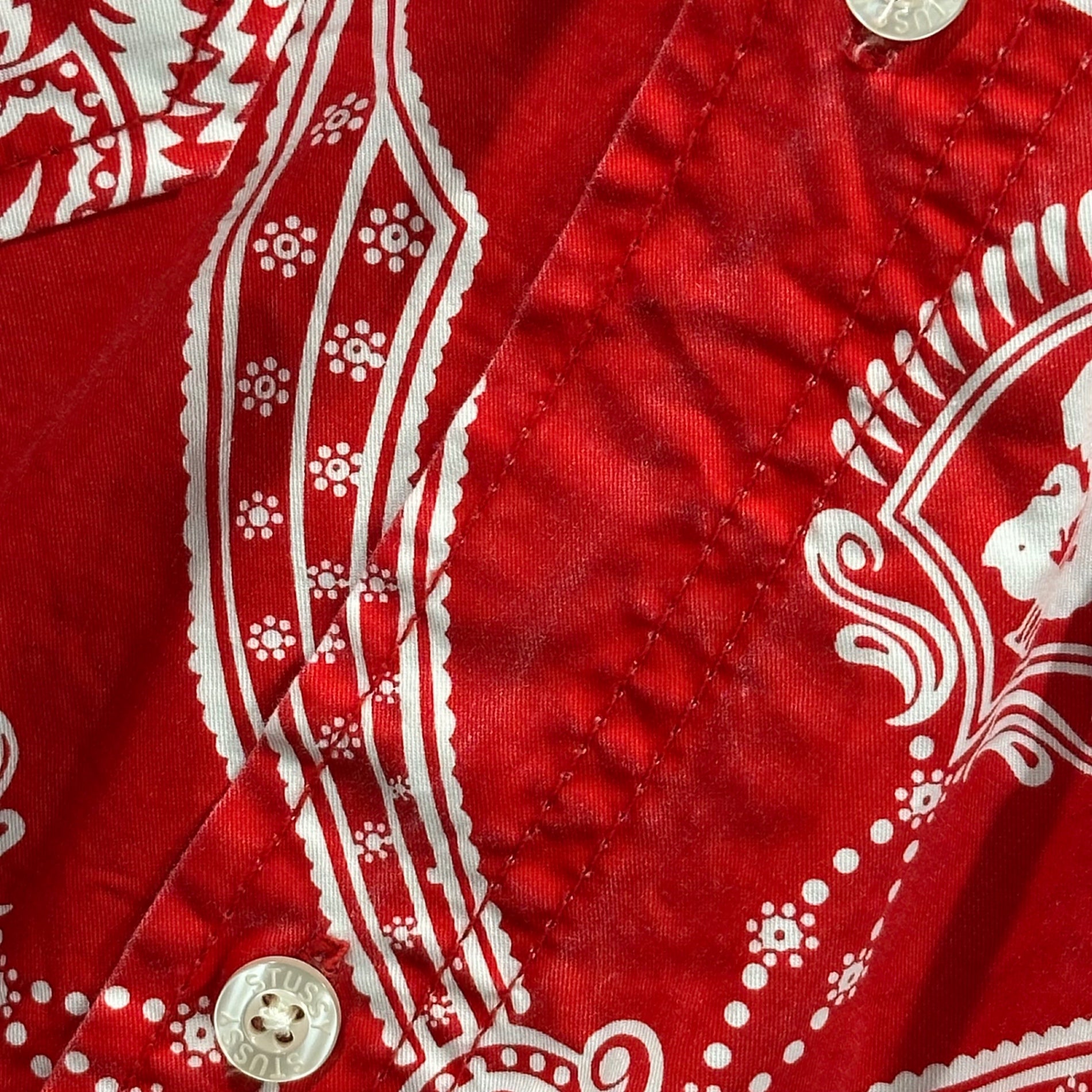 STUSSY(ステューシー) Bandana-print cotton S/S shirt バンダナ柄 コットン 半袖 シャツ XL レッド×ホワイト