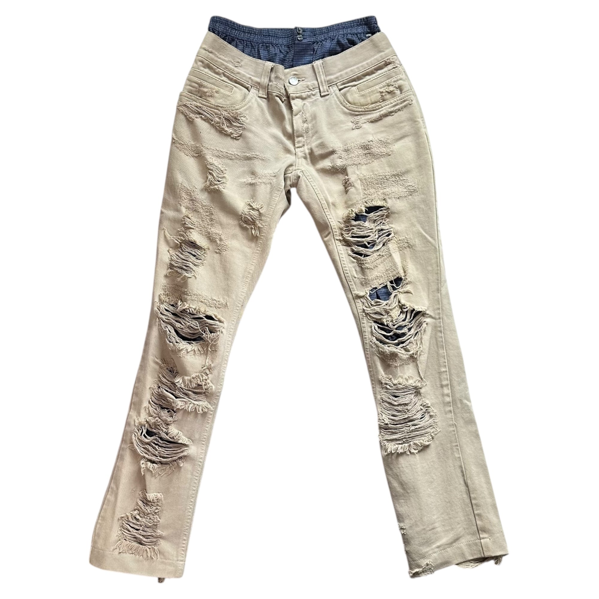 DOLCE&GABBANA(ドルチェ&ガッバーナドルガバ) Double-Waist Destroyed Denim Pants ダブルウエスト デストロイ デニム パンツ G46CLT/G9K22 44 ベージュ×ネイビー